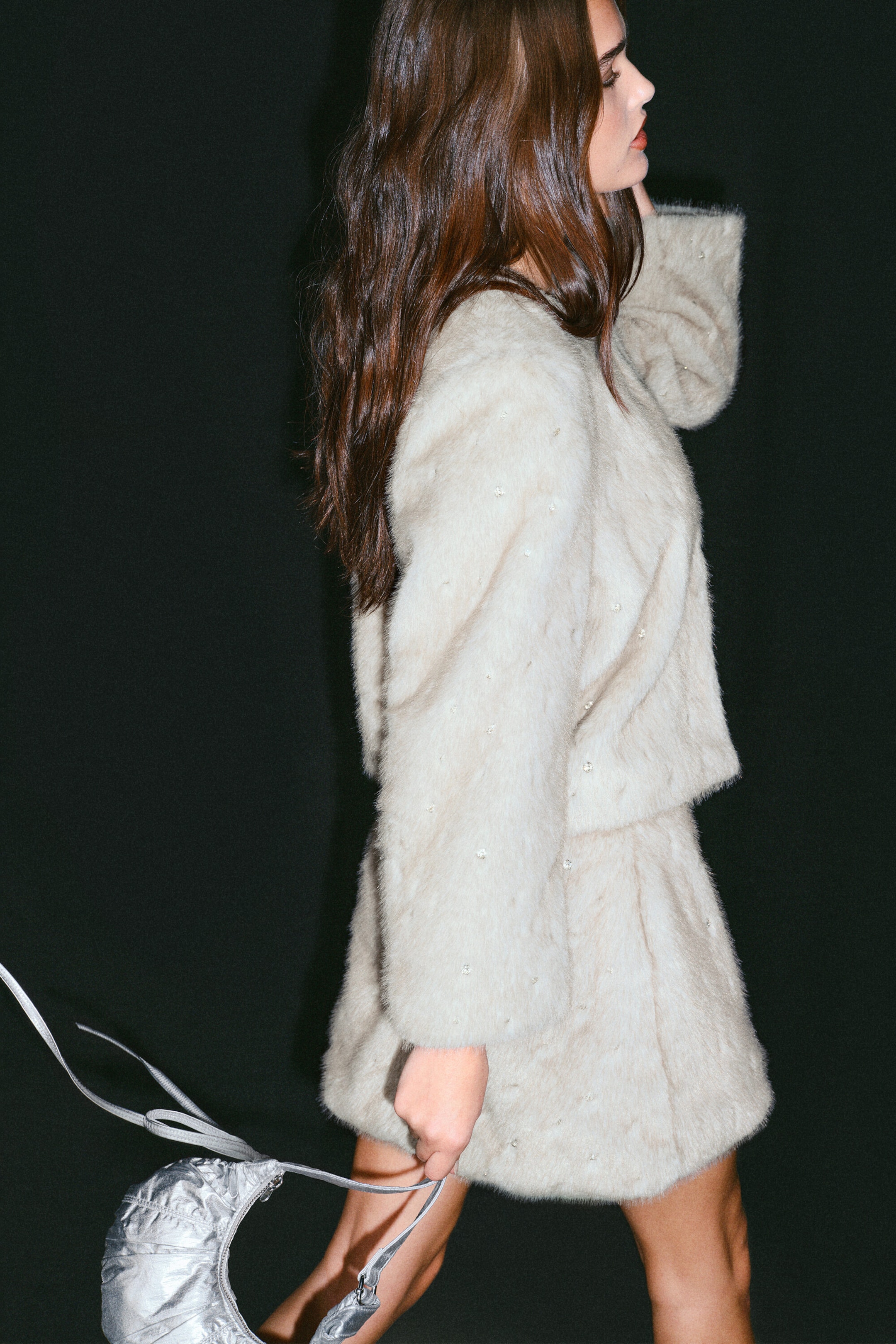 Beige - Cropped Faux Fur Rhinestone Jacket - 3