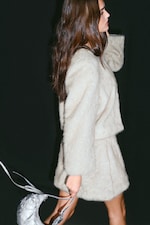 Beige - Cropped Faux Fur Rhinestone Jacket - 0