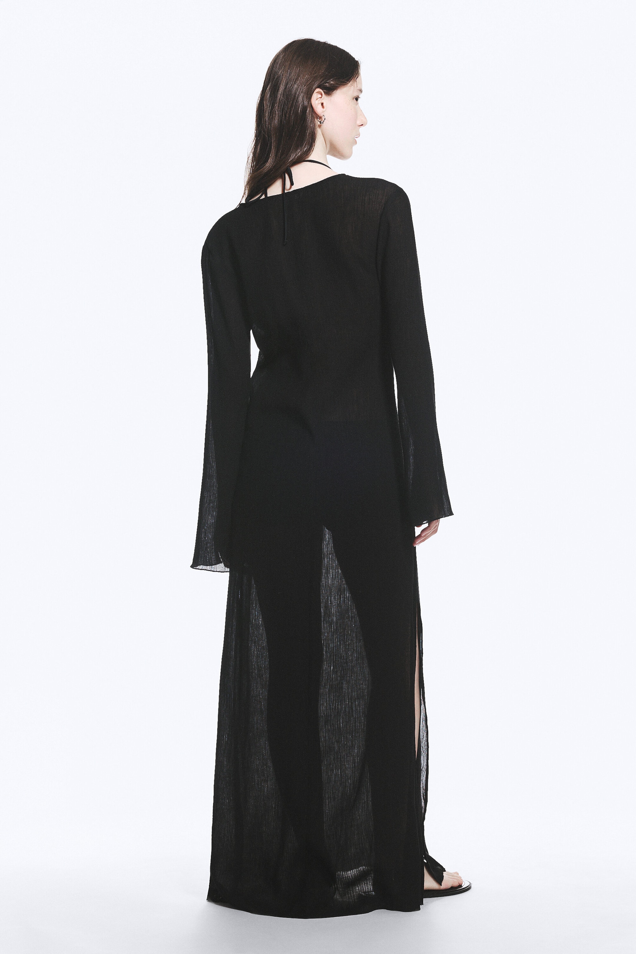 Black - Sheer Long-Sleeved V-neck Maxi Dress - 2