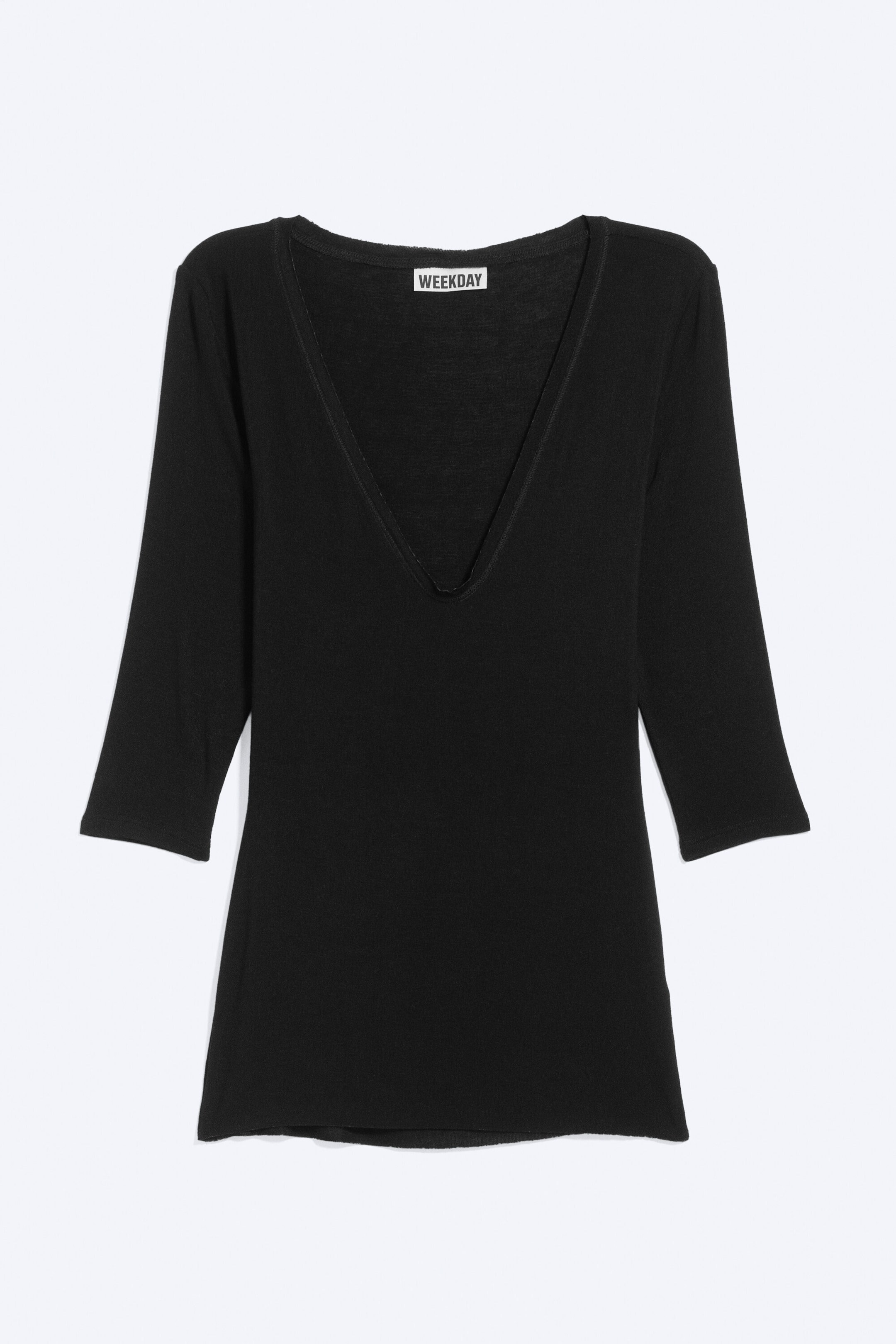 Schwarz - Top mit tiefem V-Ausschnitt und Dreiviertelärmeln - 0