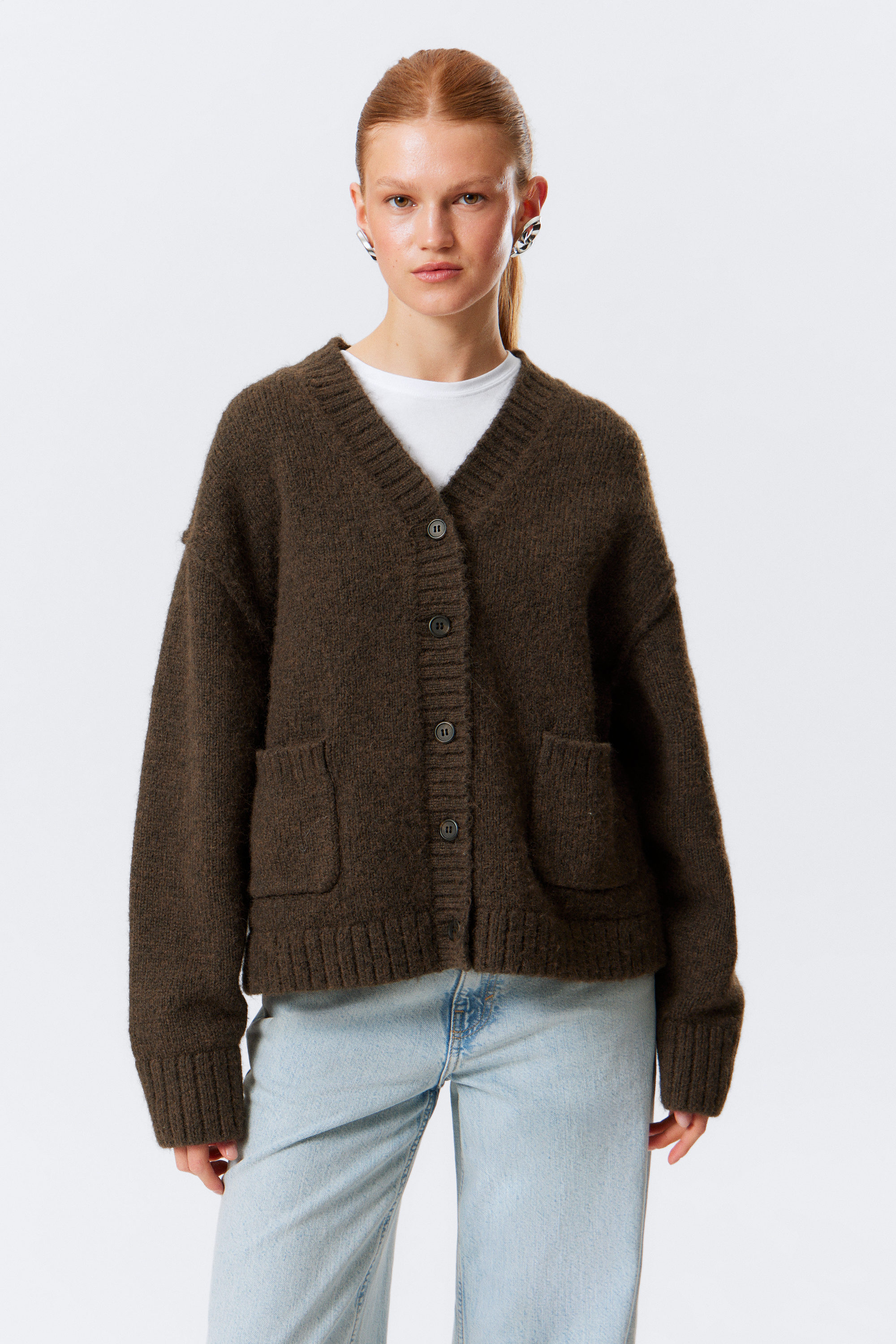 Dunkelbraun meliert - Locker gestrickter Cardigan mit V-Ausschnitt - 1