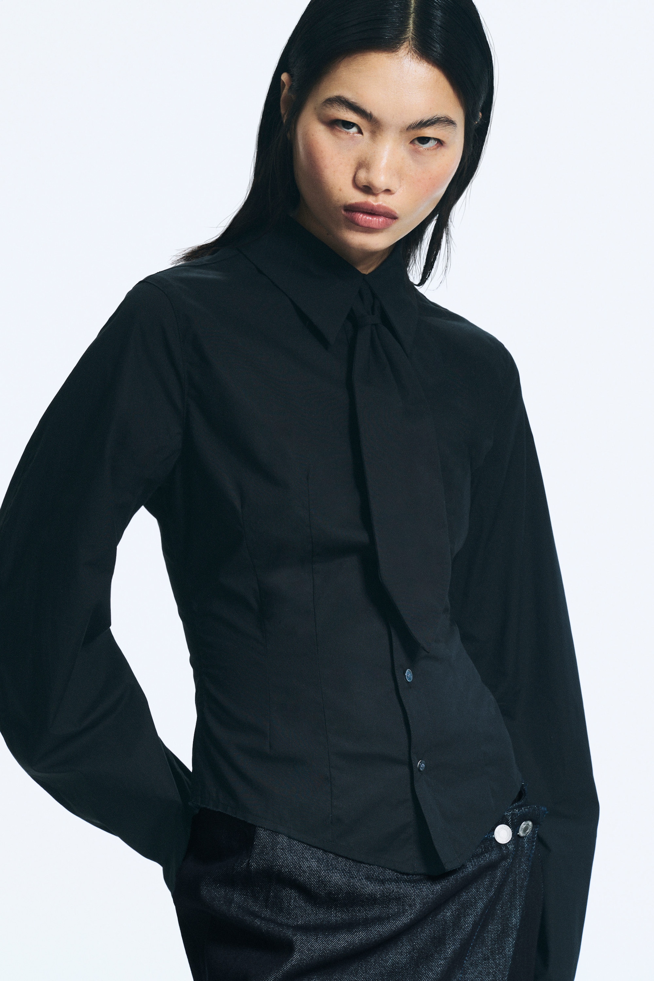 Black - Fitted Tie Detail Poplin Shirt - 3