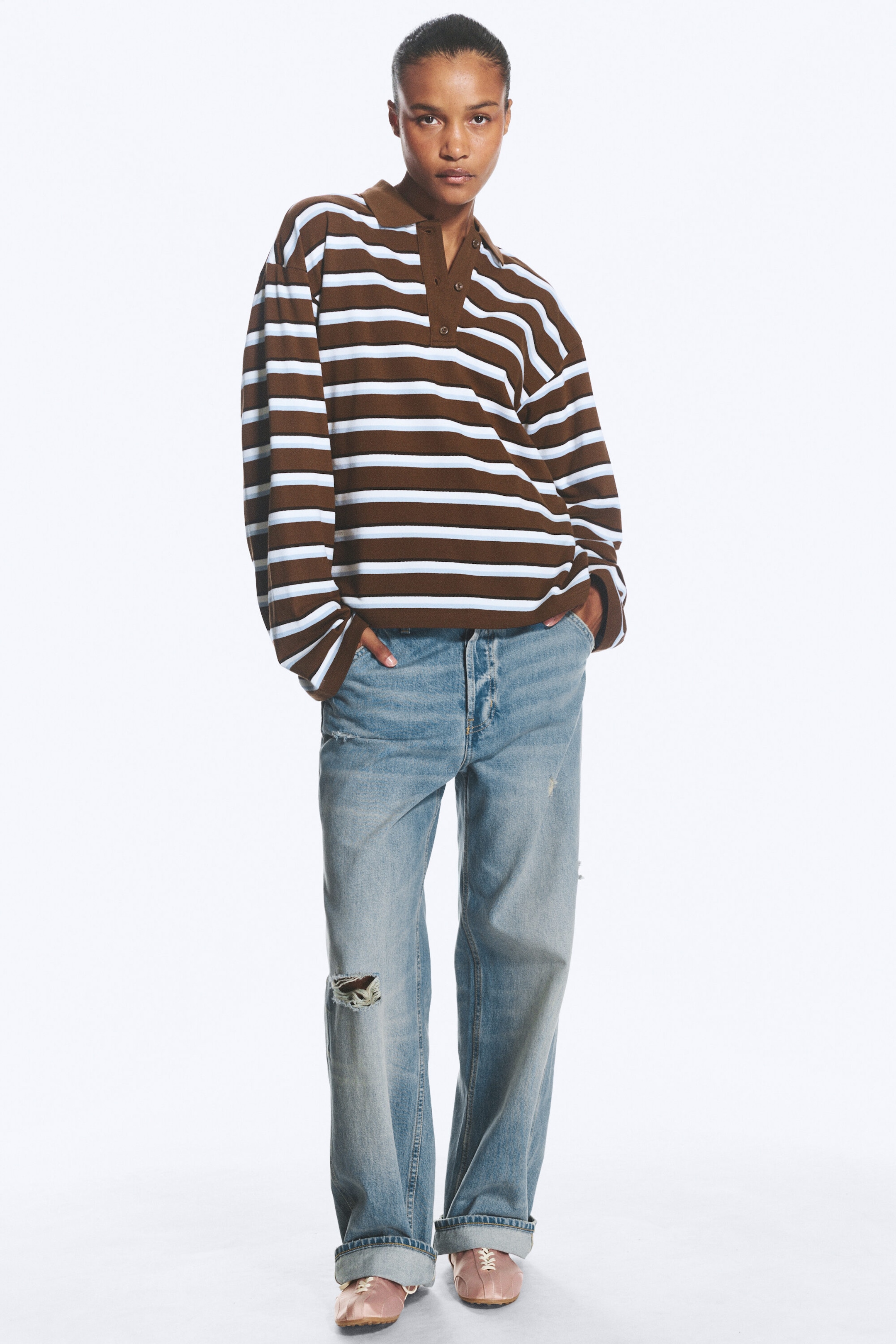 Striped Brown/Blue - Langärmliges Poloshirt aus Baumwolle - 1