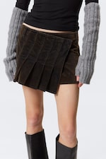 Dark Brown - Pleated Velvet Mini Skirt - 1