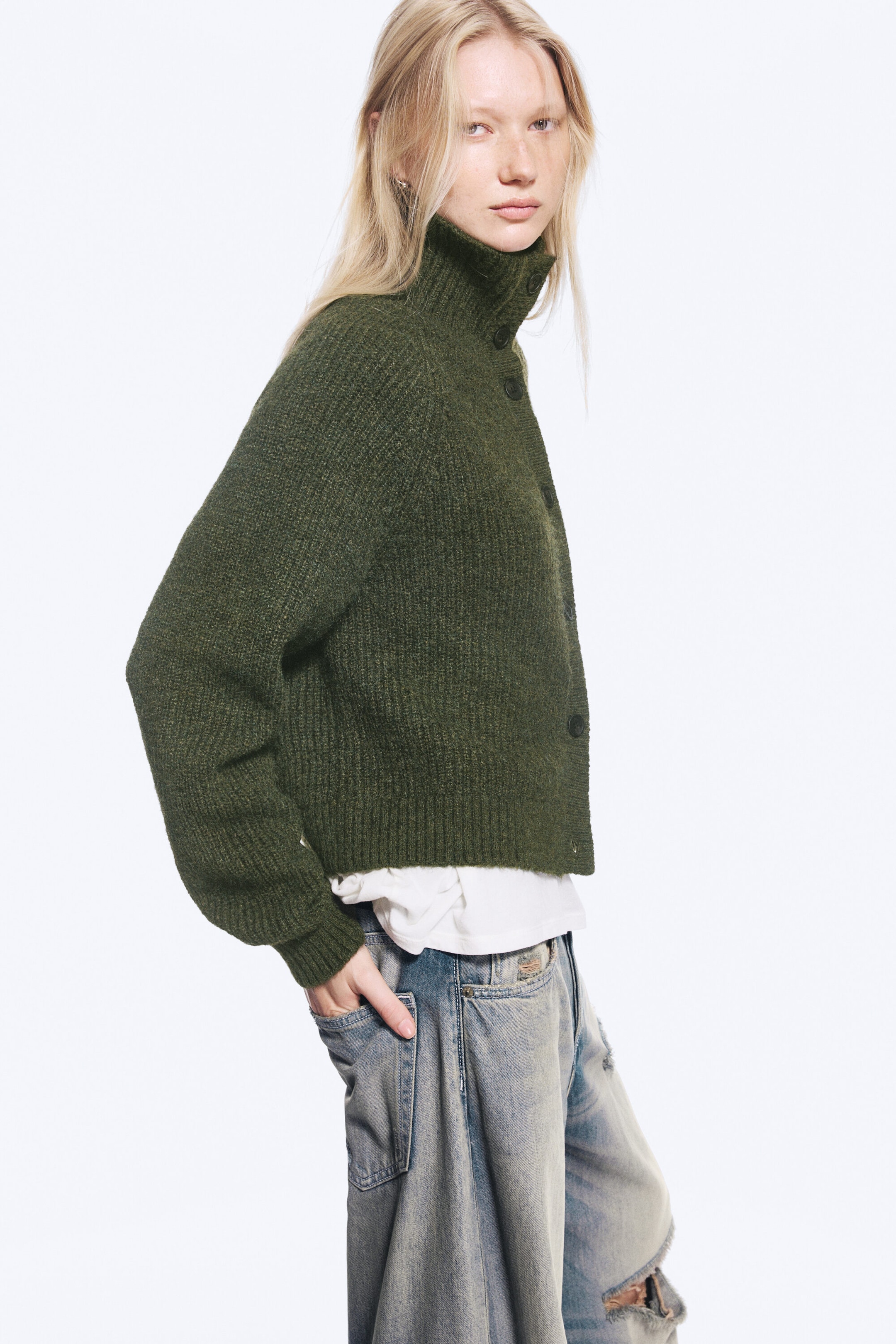 Dark Khaki Green Melange - Buttoned cardigan - 6