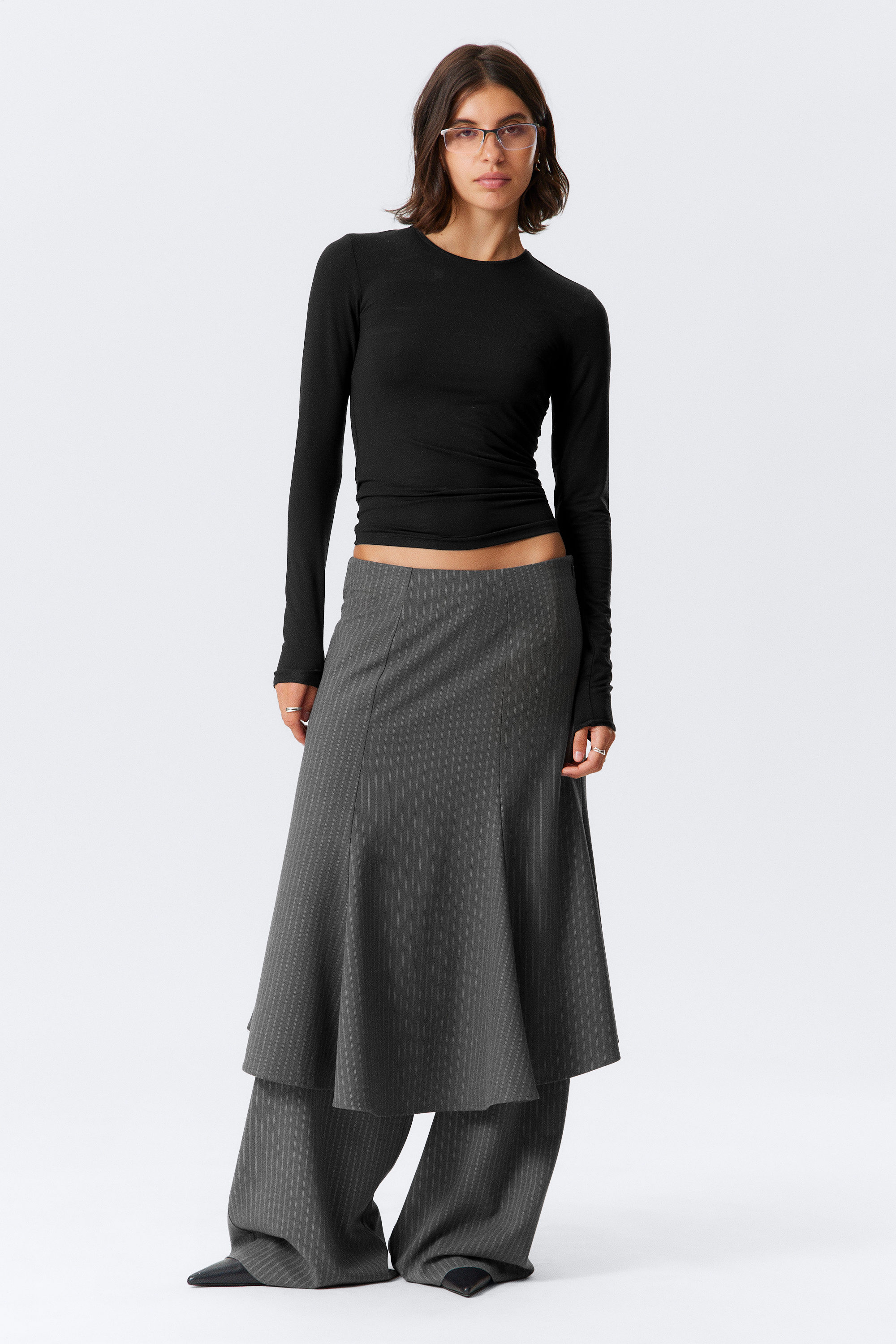 Dusty Grey Pinstripes - Midi Slim Volume Skirt - 1