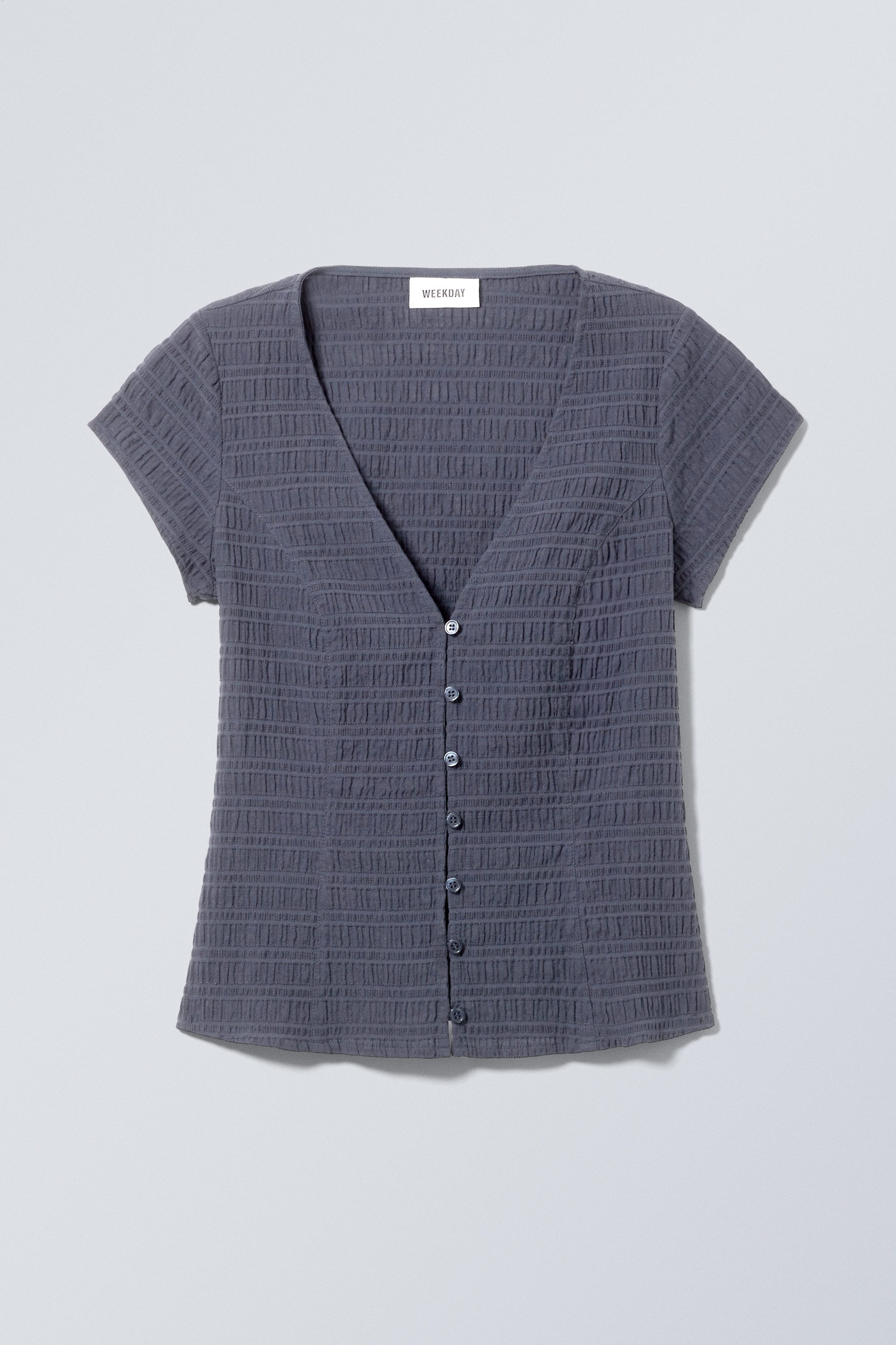 Dark Blue - Structured Short Sleeve Cotton Top - 0