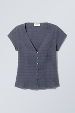 Dark Blue - Structured Short Sleeve Cotton Top - 0