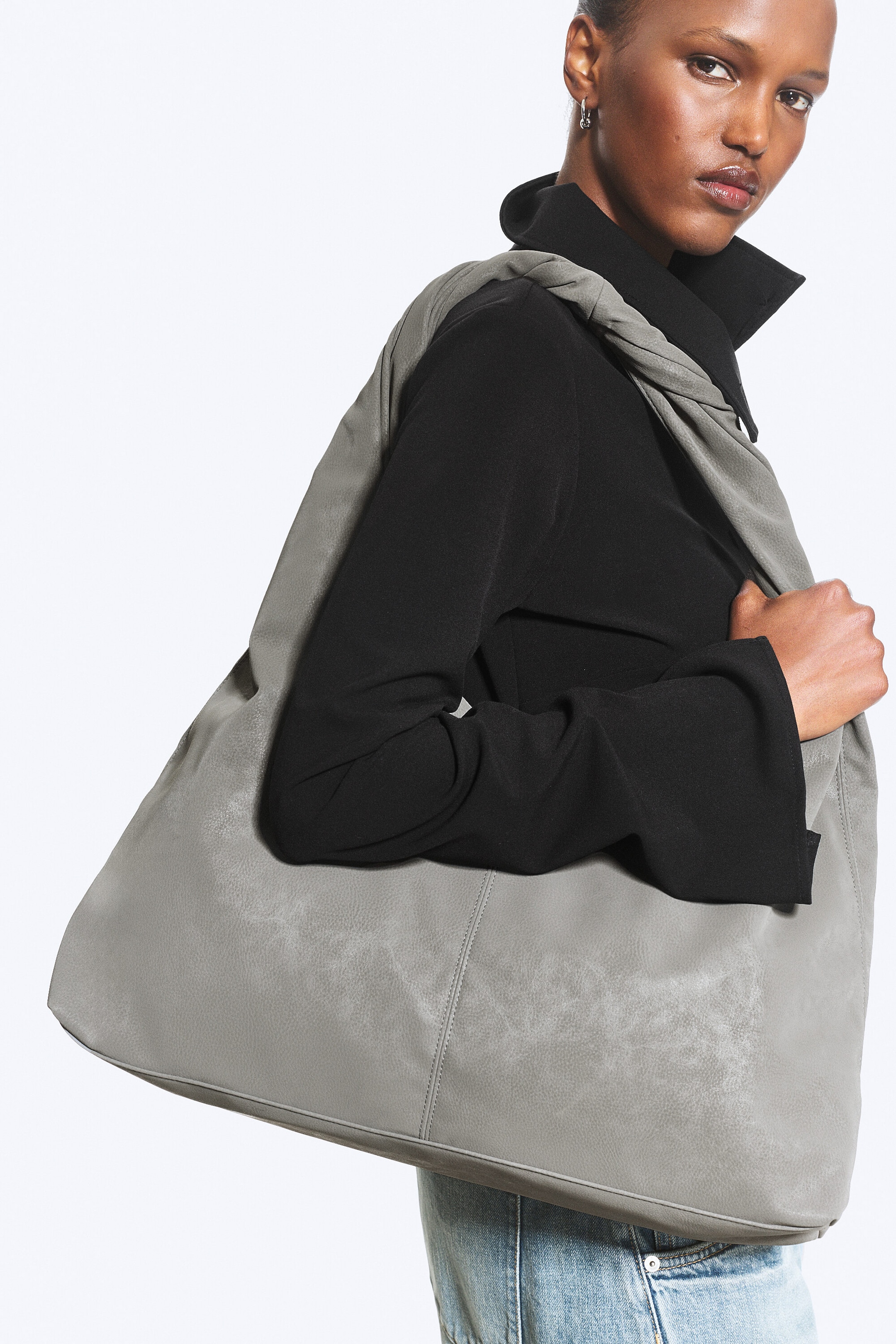 Dusty Grey - Slouchy Faux Leather Shoulder - 1