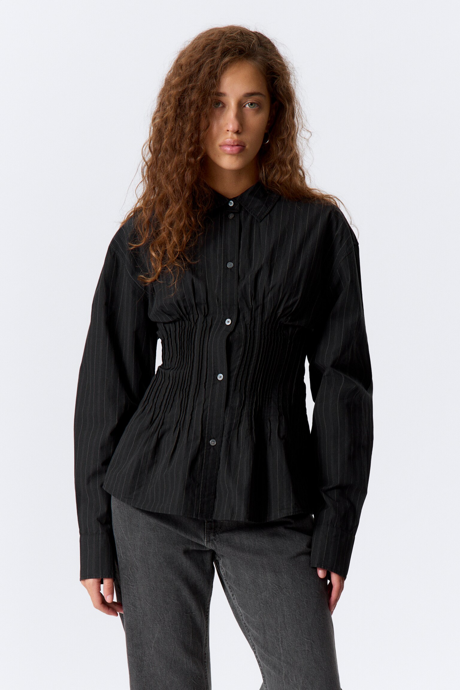 Chemise en popeline de coton à taille froncée - Striped Black/Blanc/Noir