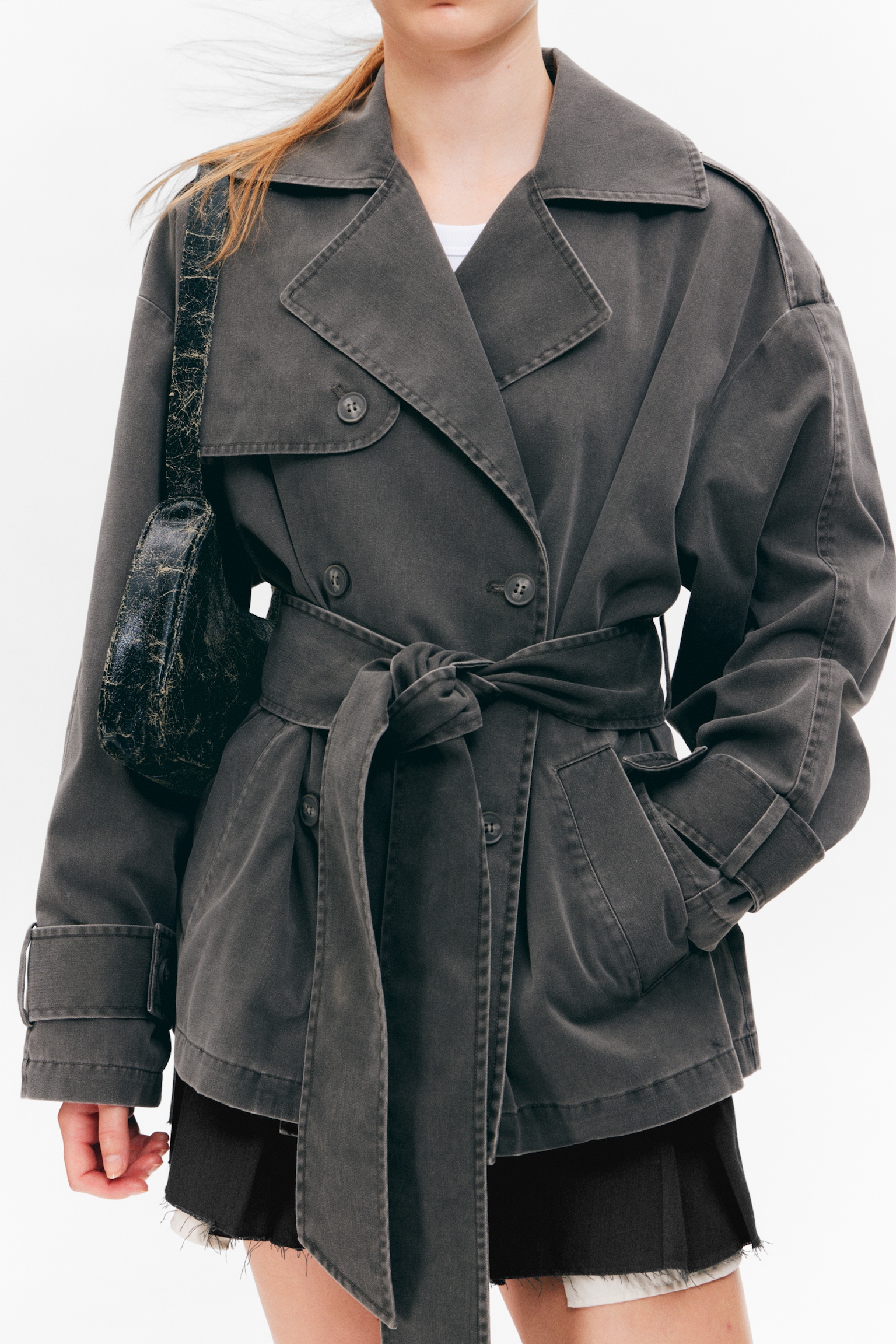 SHORT DOUBLE-BREASTED WASHED TRENCH COAT - Dark Grey - 4