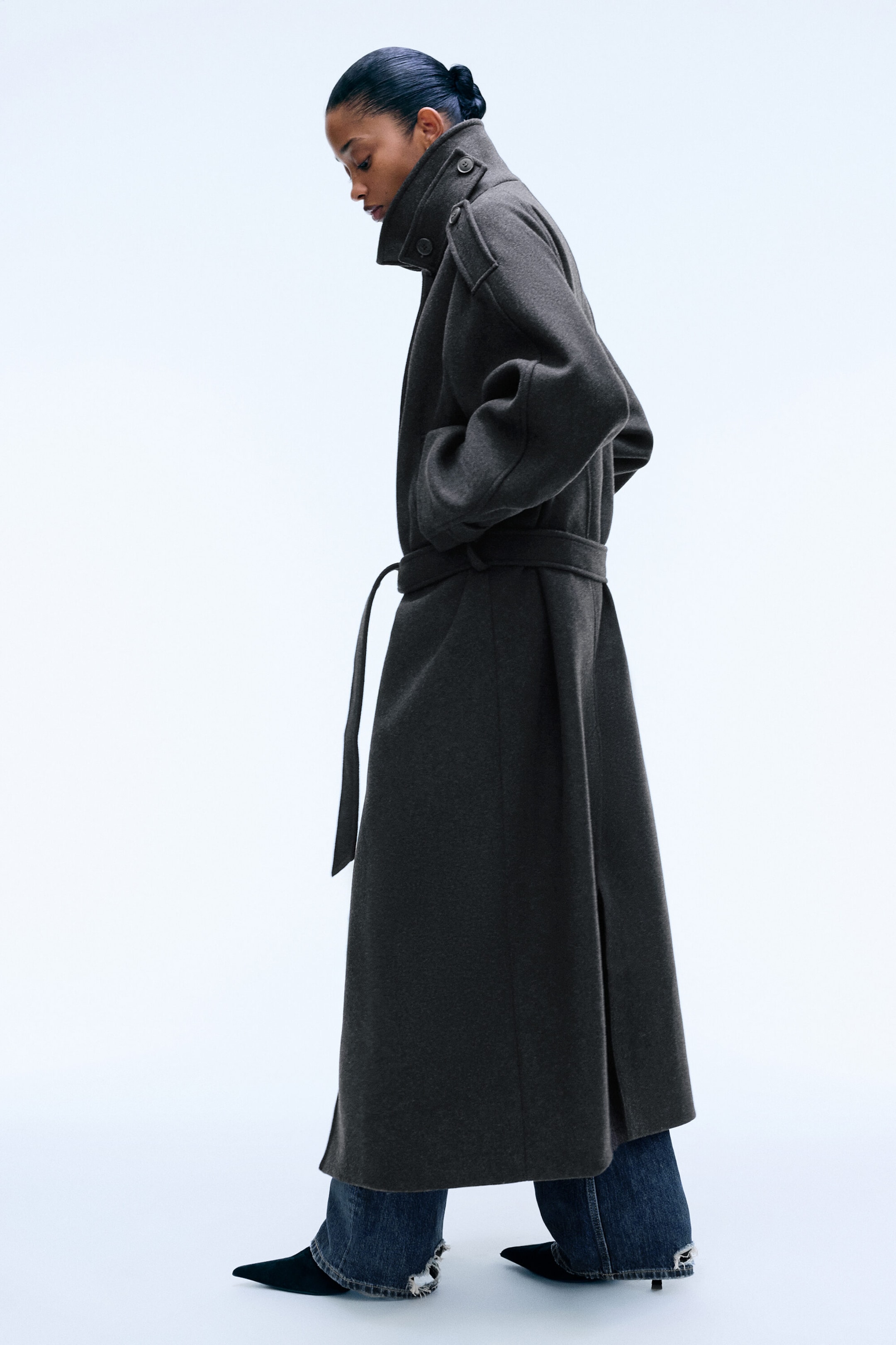 Dark Grey Melange - Belted wool-blend coat - 2