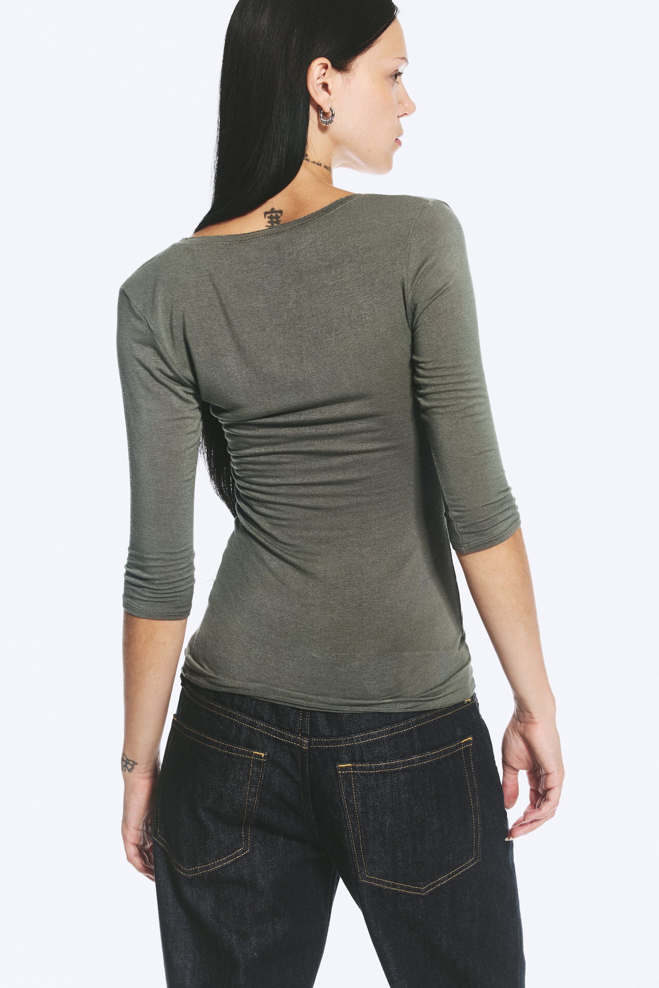 Dusty Khaki Green - Deep V-neck three-quarter sleeve top - 4