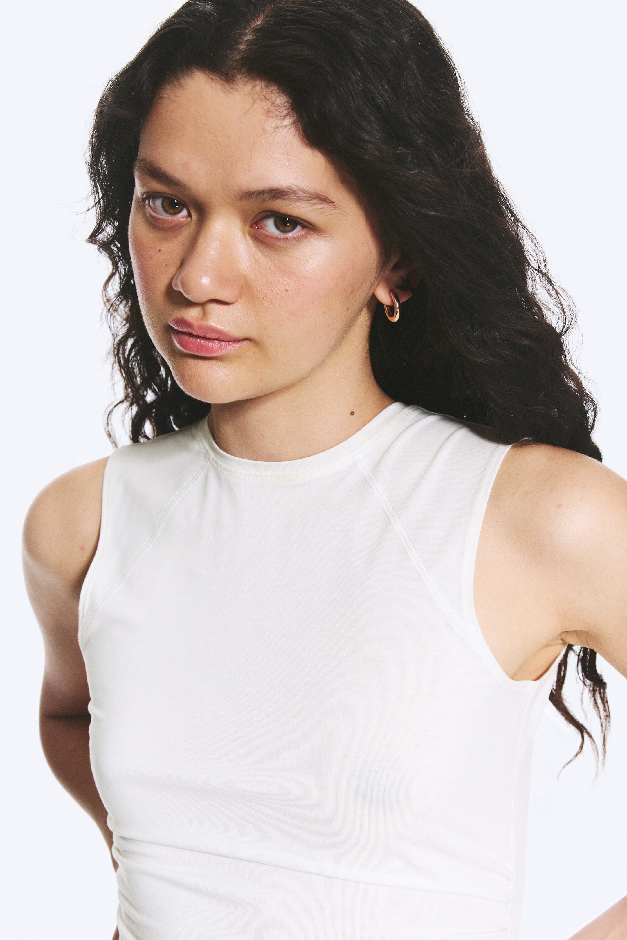 White - Sleeveless Gathered Jersey Top - 2