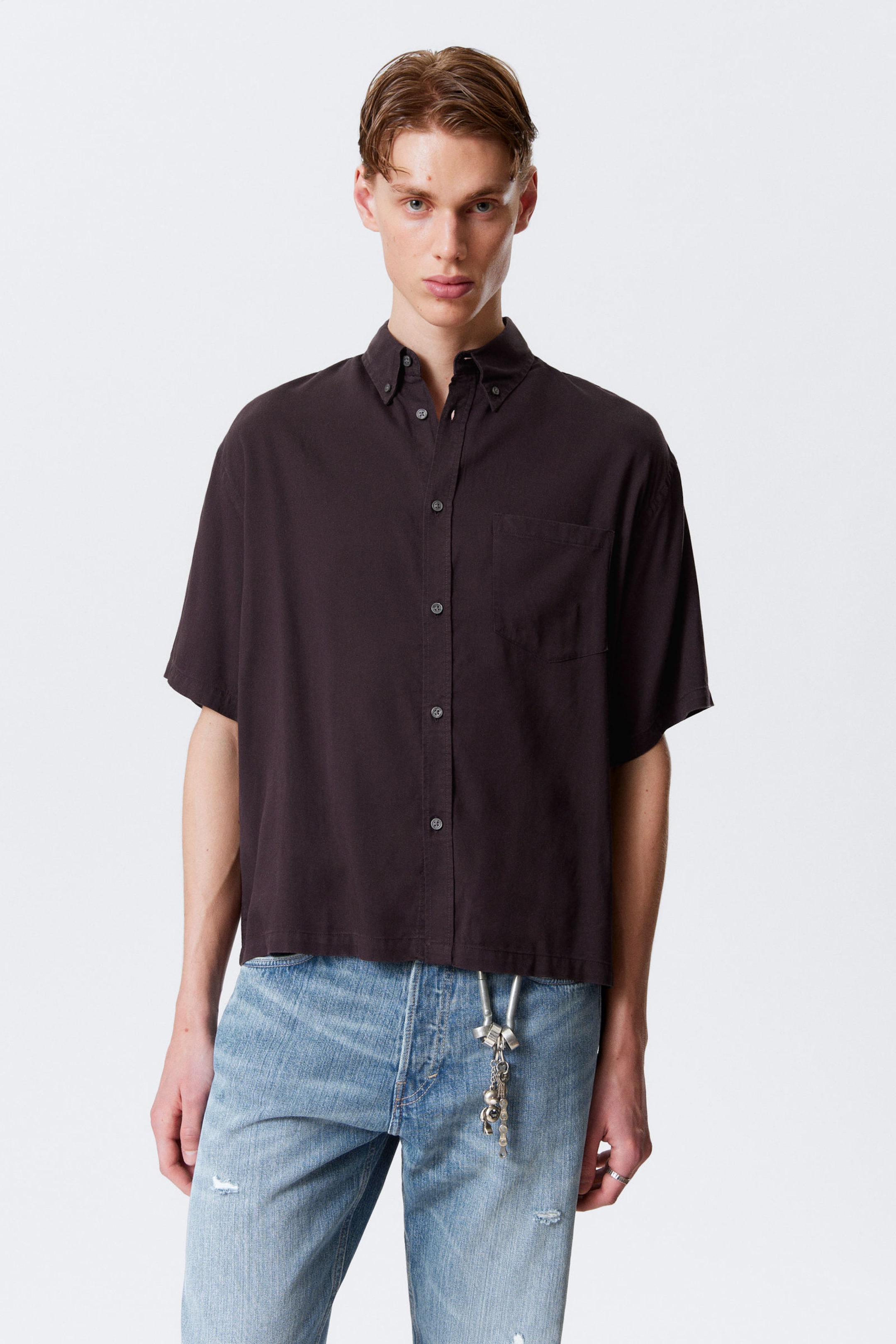 #413A3B - Oversized Draped Boxy Short-Sleeved Shirt - 1