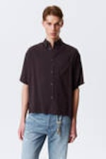 Dark Brown - Oversized Draped Boxy Short-Sleeved Shirt - 0