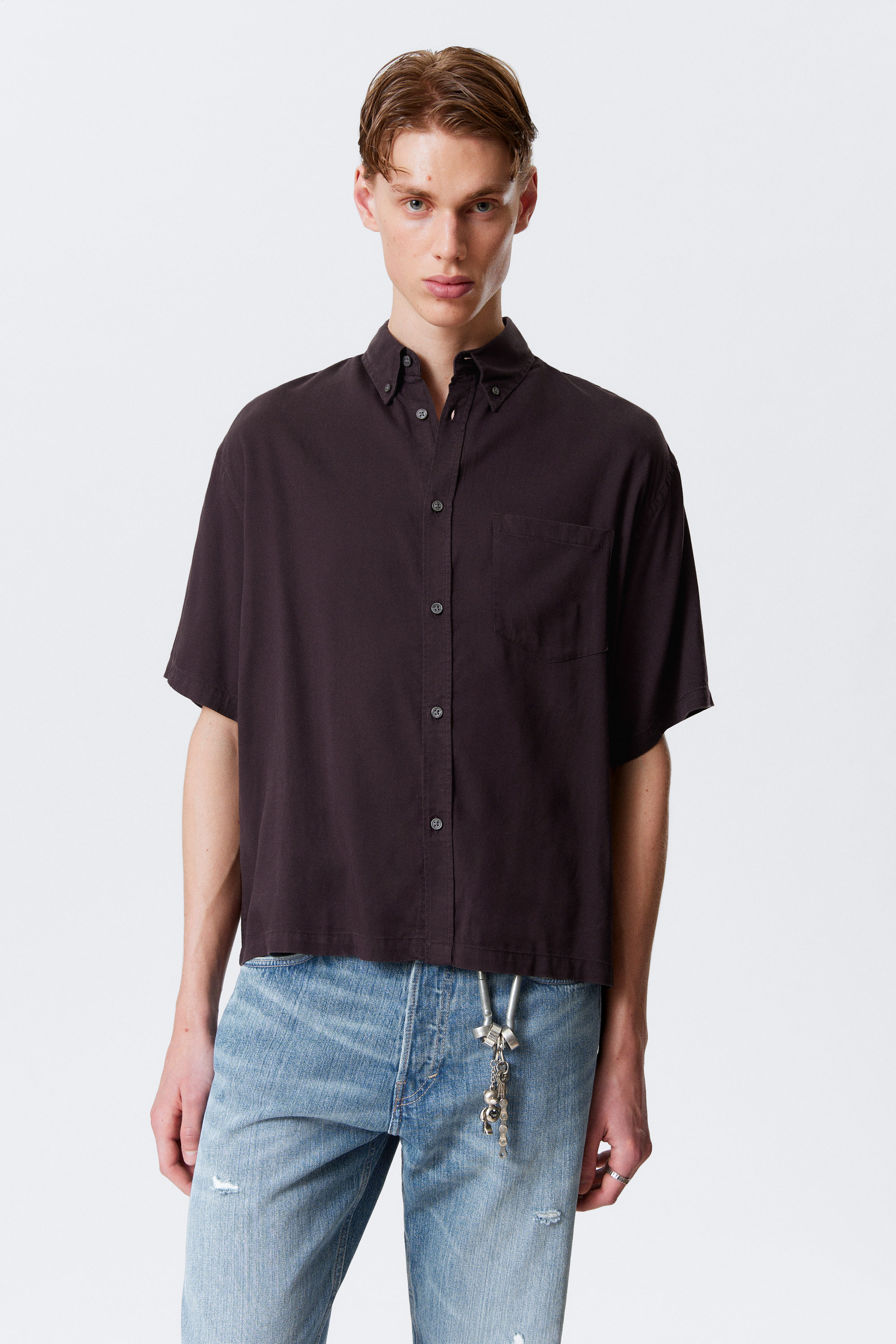 Dark Brown - Oversized Draped Boxy Short-Sleeved Shirt - 1