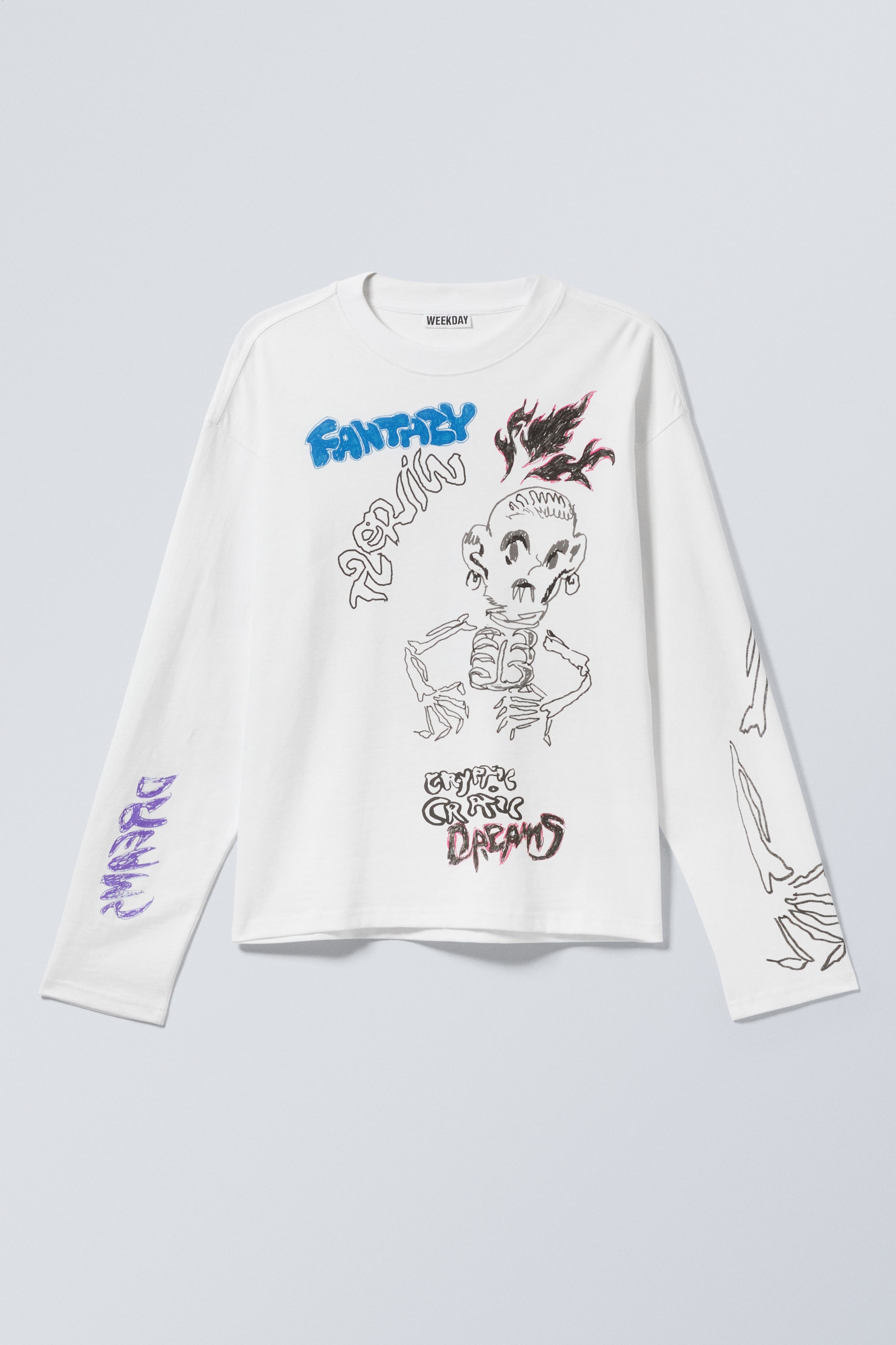 White - Skeleton Dreams - Great Boxy Graphic Long Sleeve T-shirt - 0