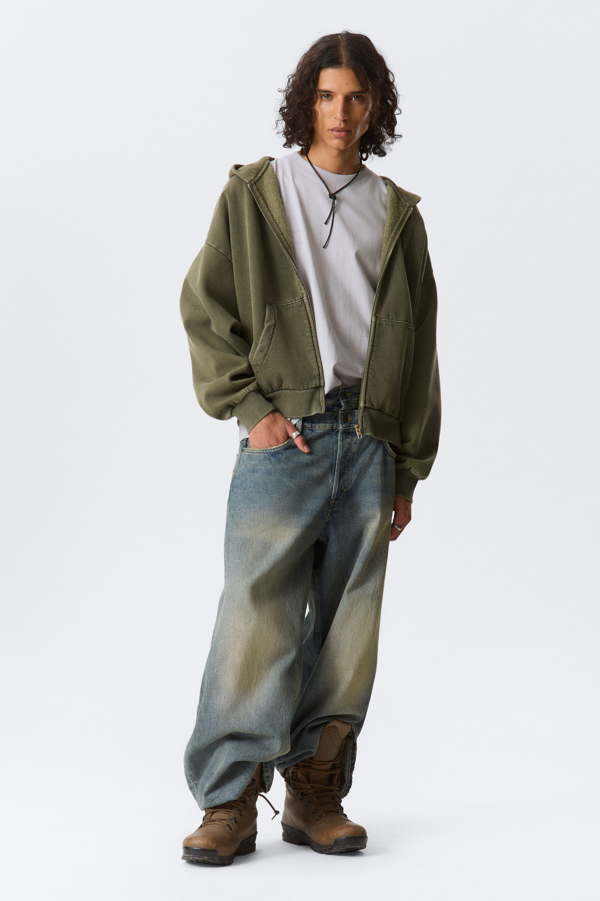 Tvättad mörkgrön - Loose Zip Hoodie - 2