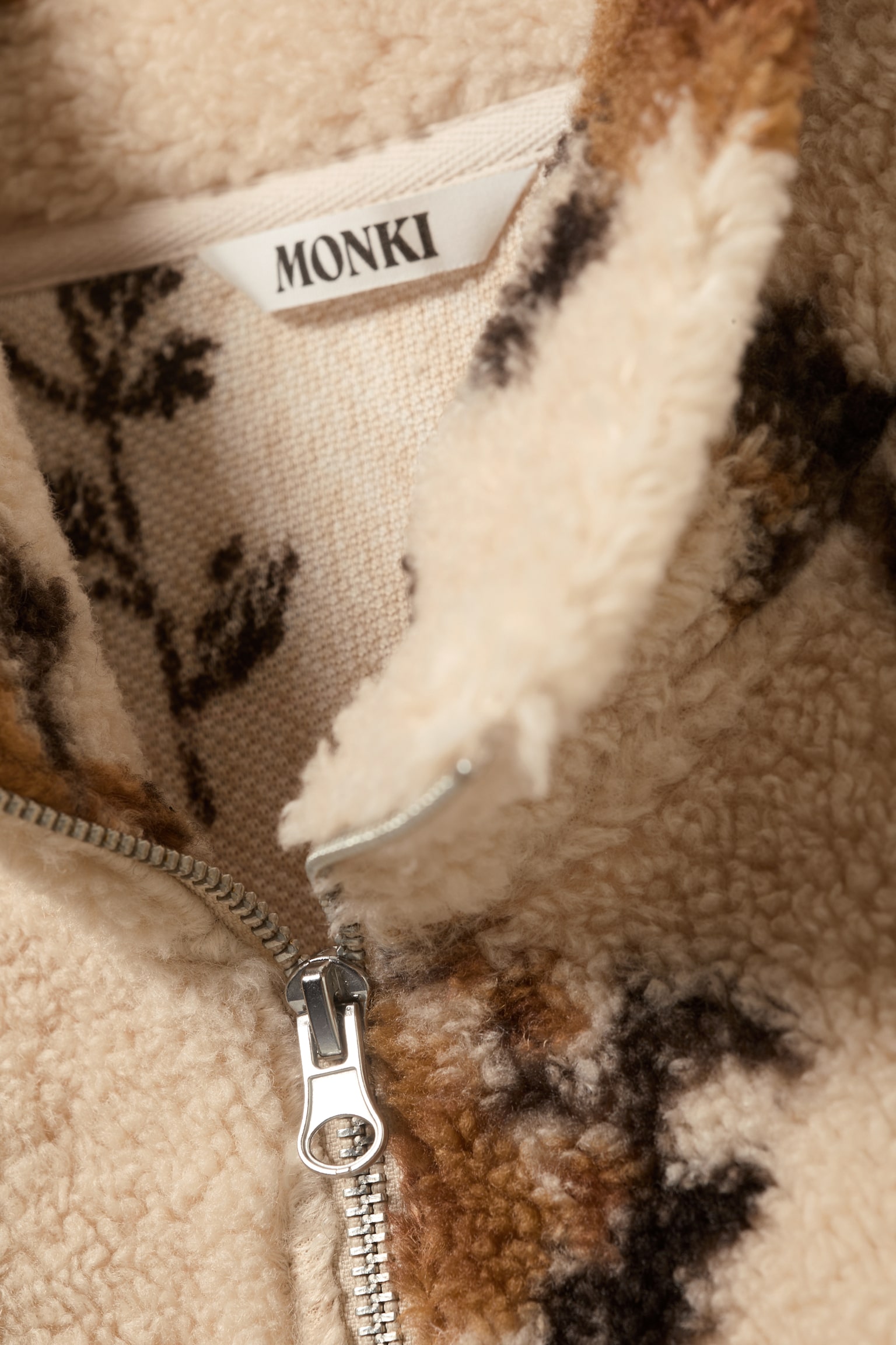 Pile Fleece Zip Jacket - Beige - Brown Floral Print/Dotted Black - 3