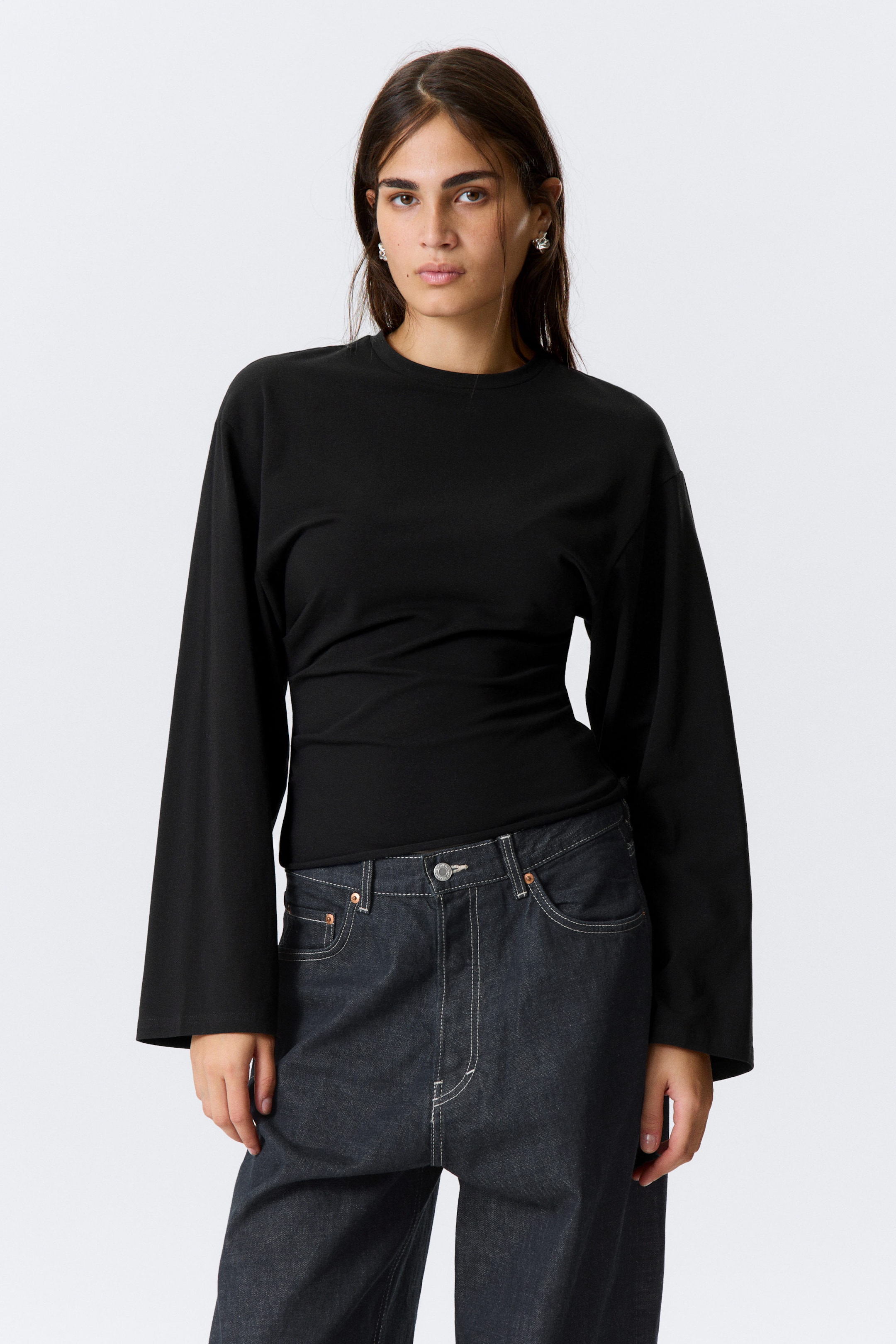 Black - Ruched Long-Sleeved T-shirt - 1