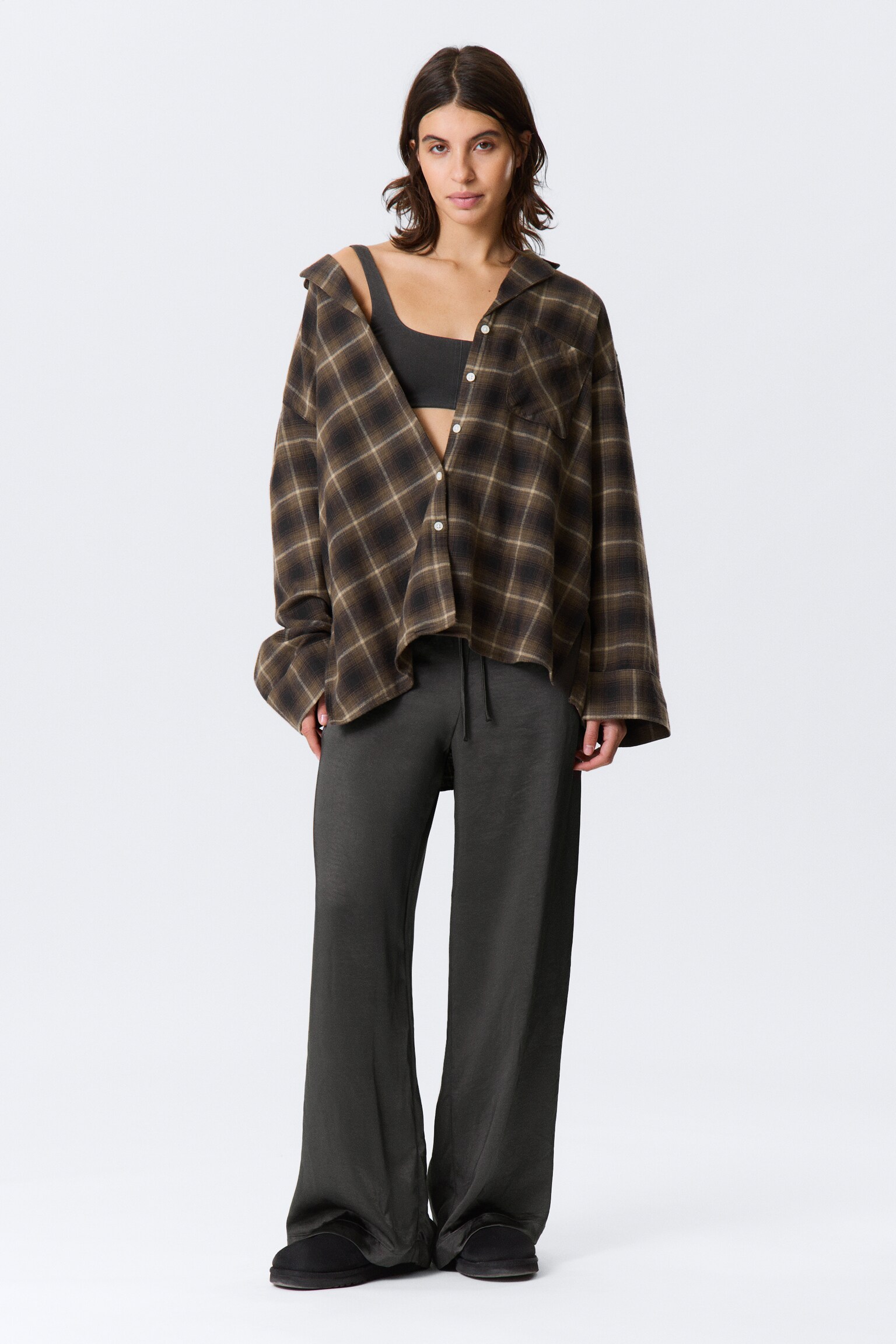 Relaxed Flannel Pyjama Shirt - Checked Dark Brown/Checked Beige - 1