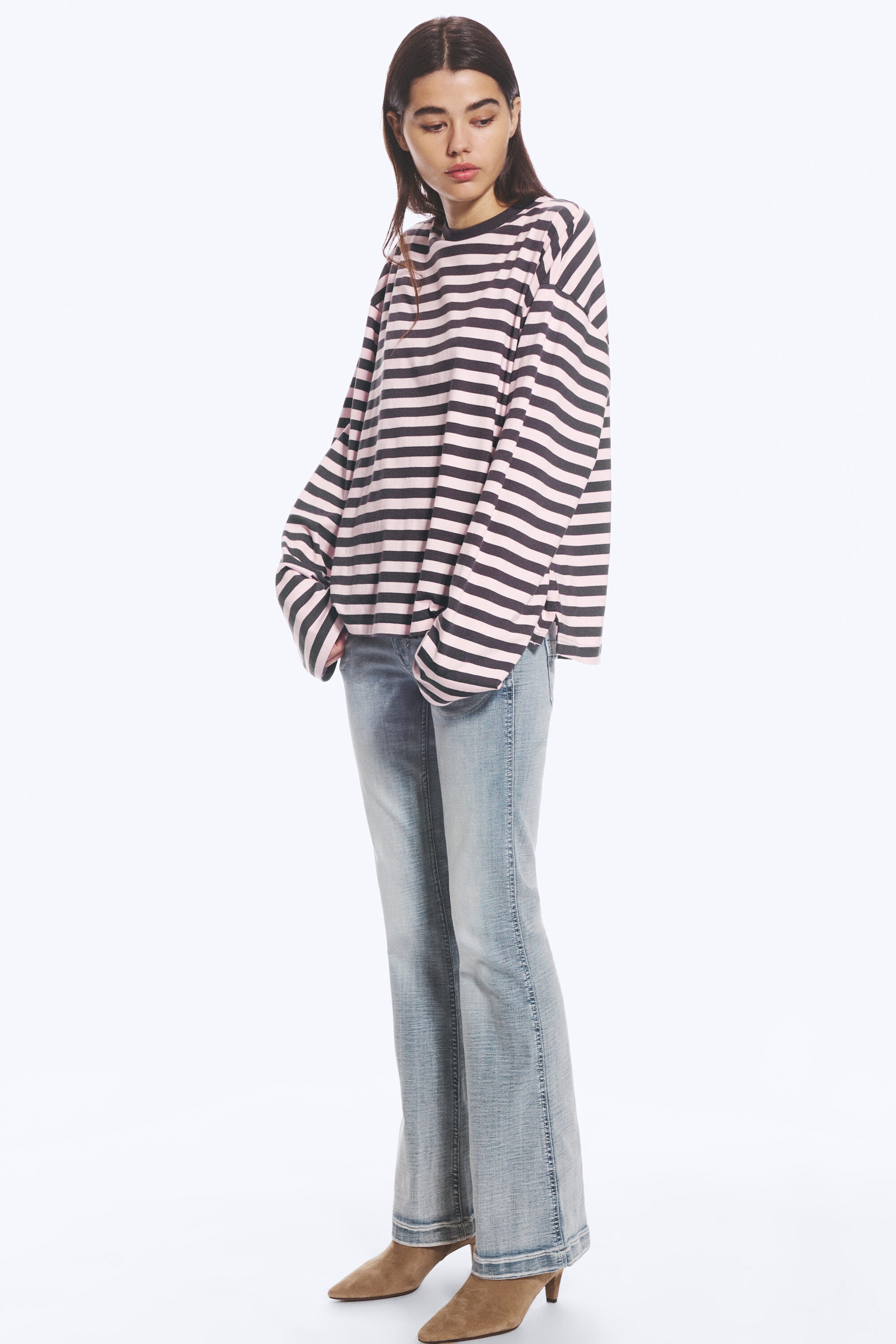 Dark Grey & Light Pink Stripe - Long-Sleeved Cotton T-shirt - 1