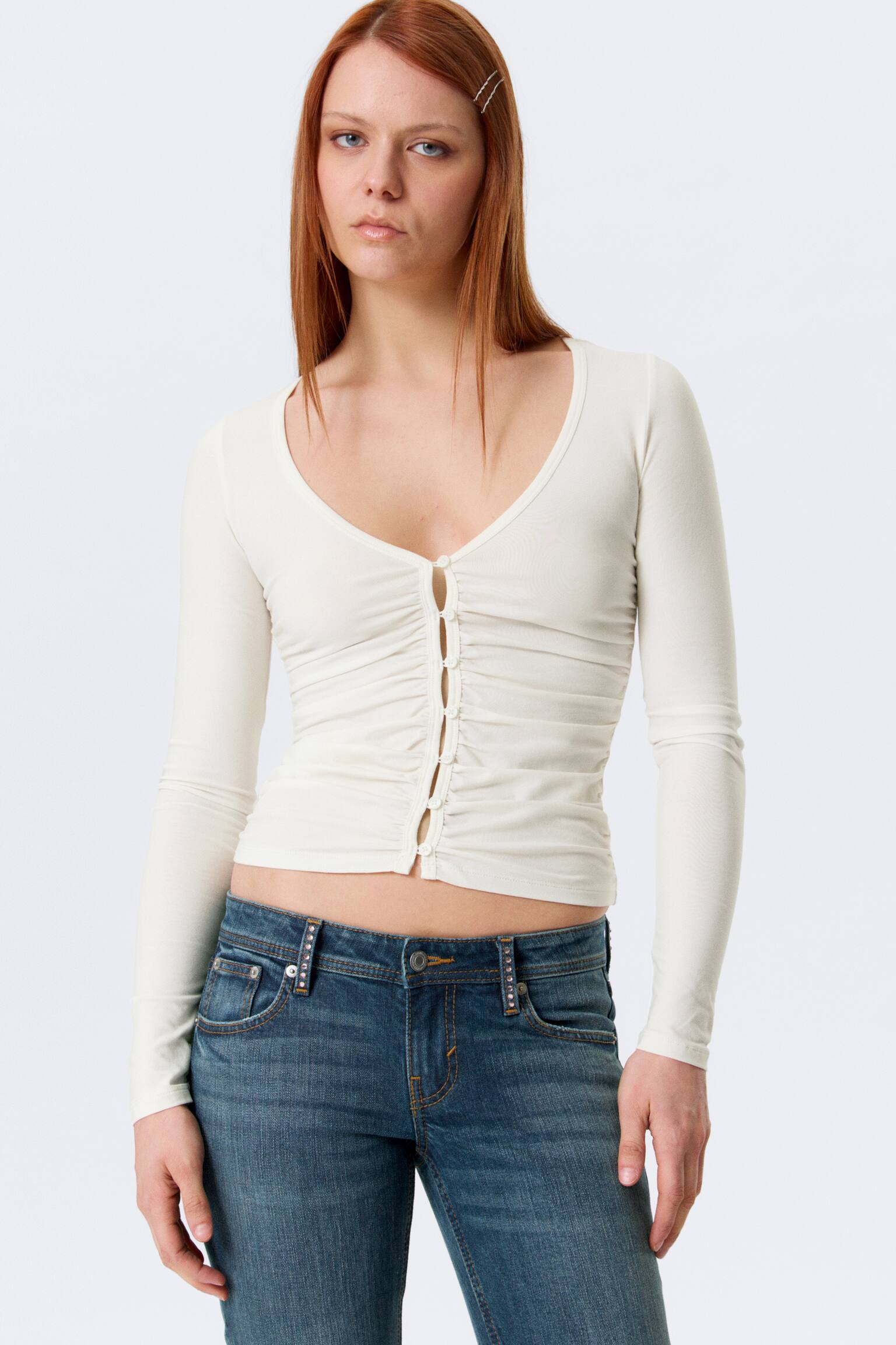 BELLE B RUCHED V-NECK CARDIGAN-White - 1