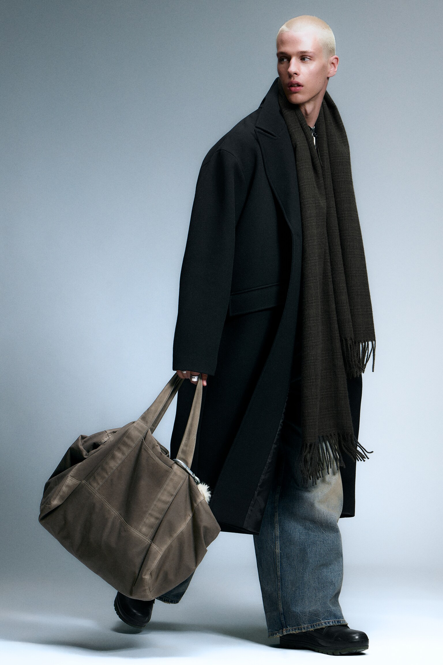 Oversized Single-Breasted Wool Blend Coat - Black/Beige Multi Check