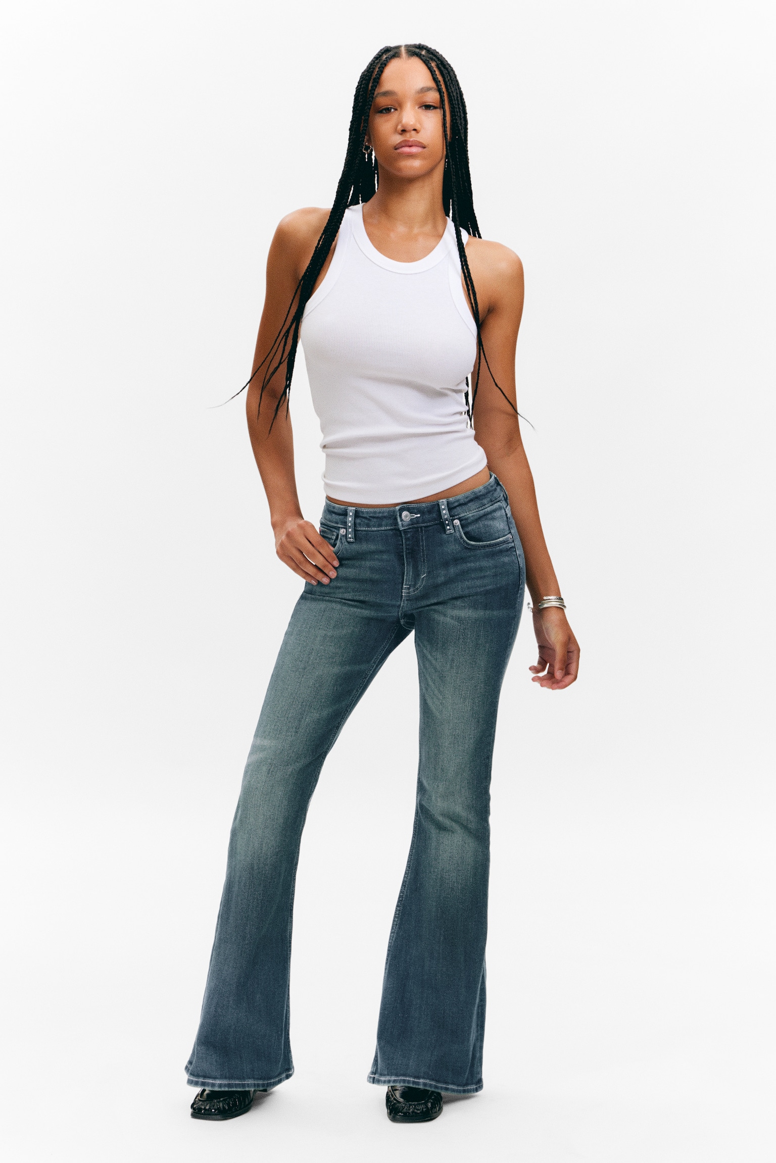 Jeans de Cintura Descida Slim com Perna à Boca de Sino Katsumi - Azul Decorado - Azul Escuro - 7