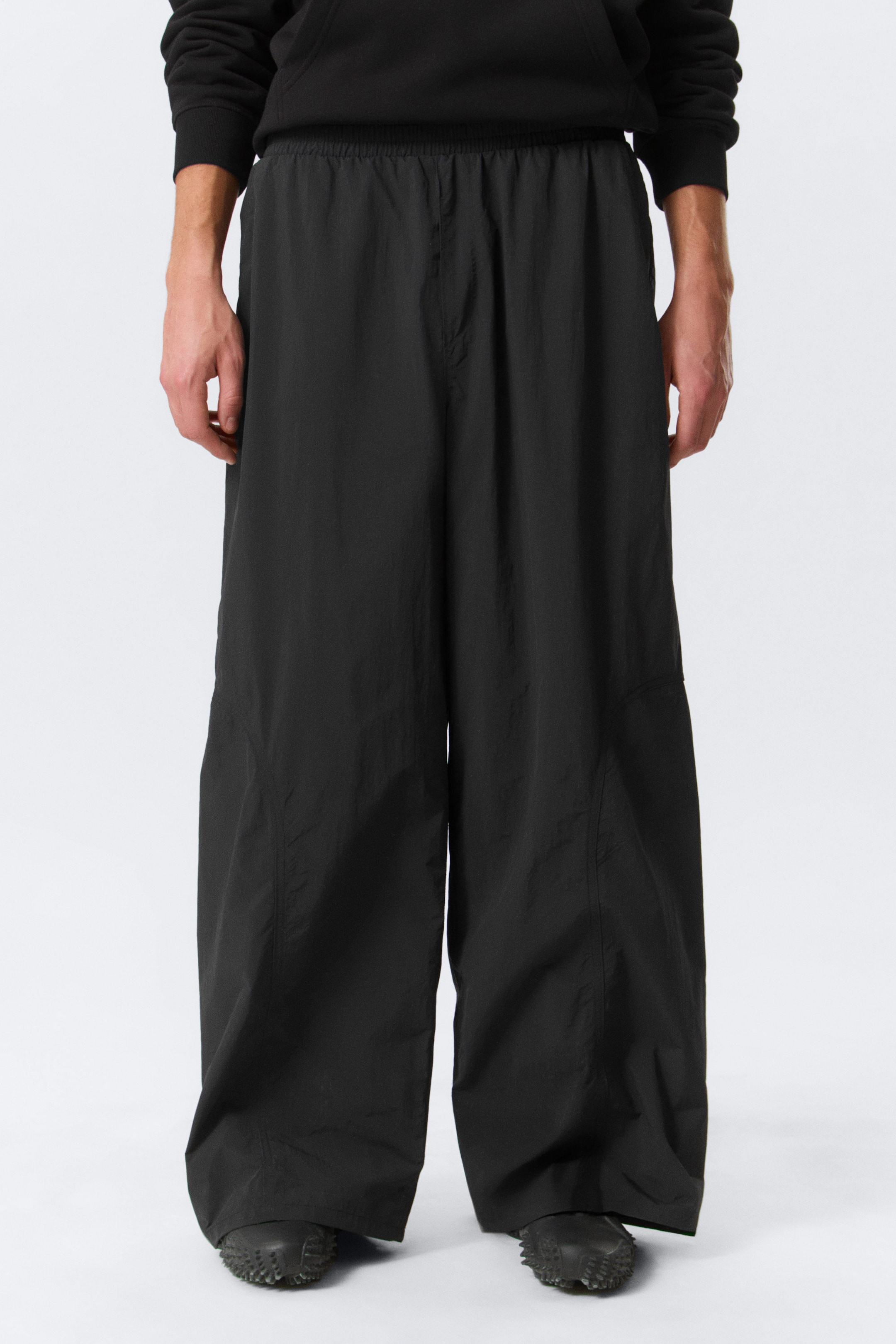 Black - Mid Rise Loose Baggy Leg Nylon Trousers - 2