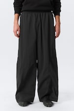 Black - Mid Rise Loose Baggy Leg Nylon Trousers - 1