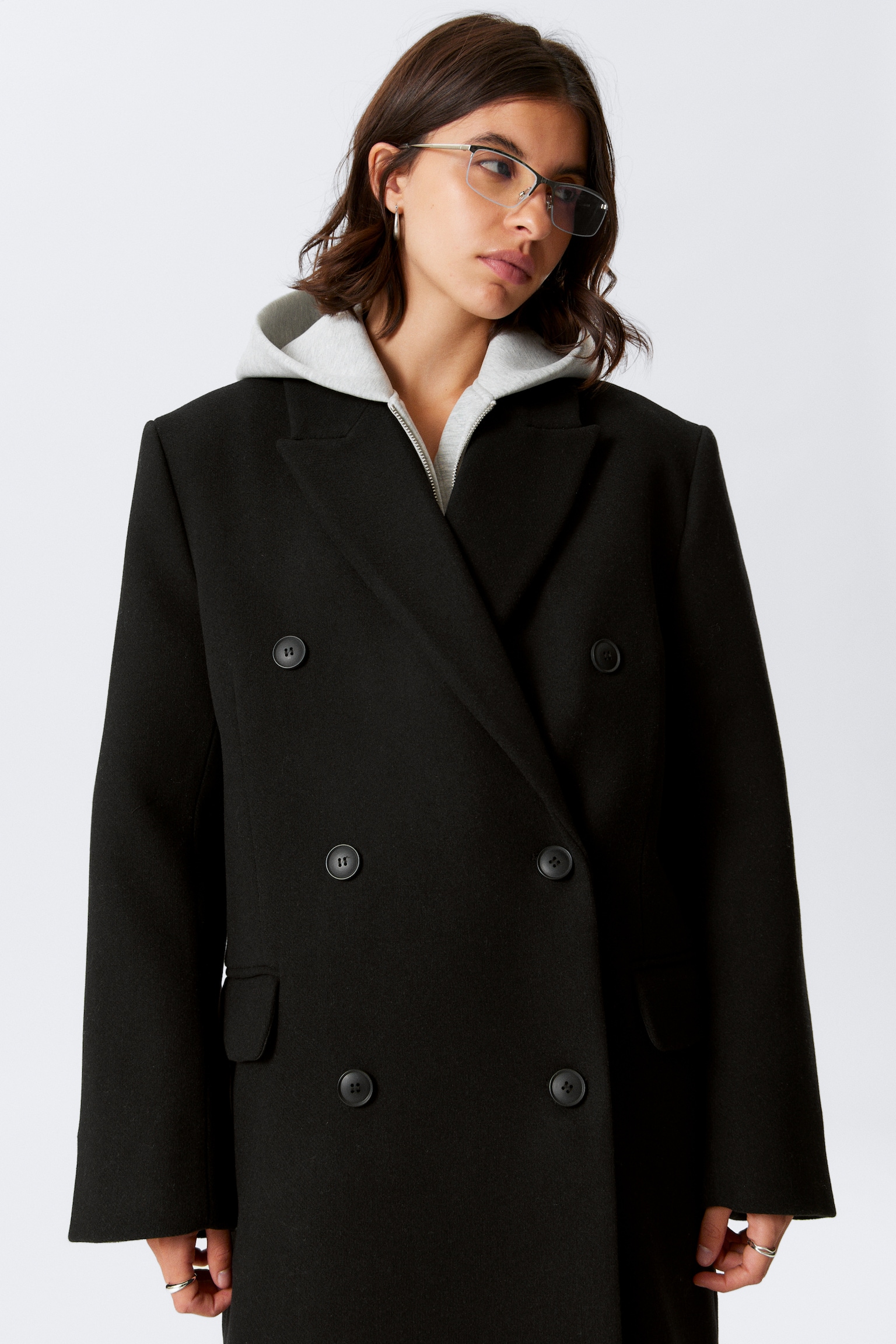 Oversized Double-Breasted Wool-Blend Coat - Black/Dark Grey/Dark Brown - 6