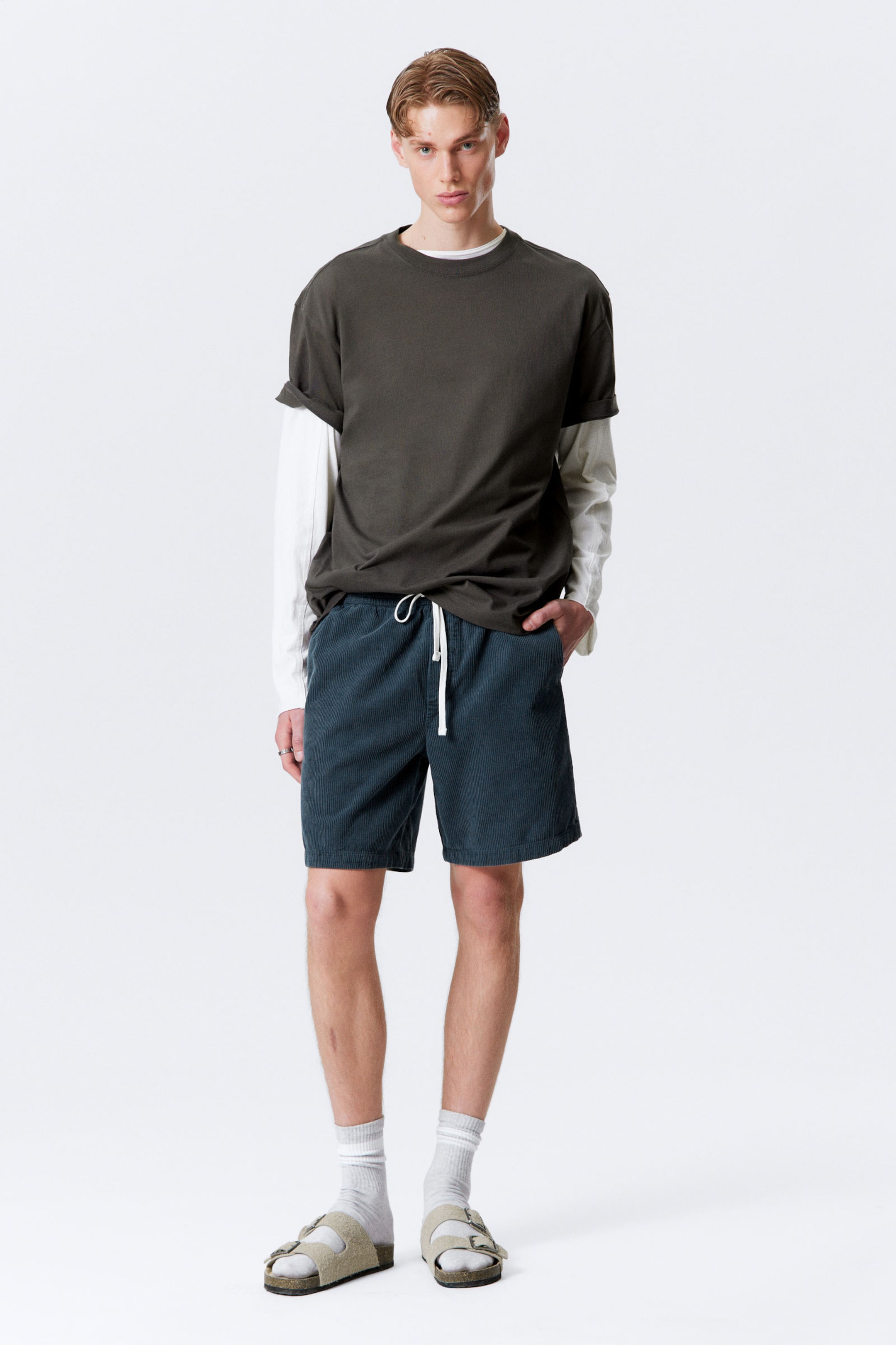 Dark Blue - Relaxed Corduroy Drawstring Shorts - 1