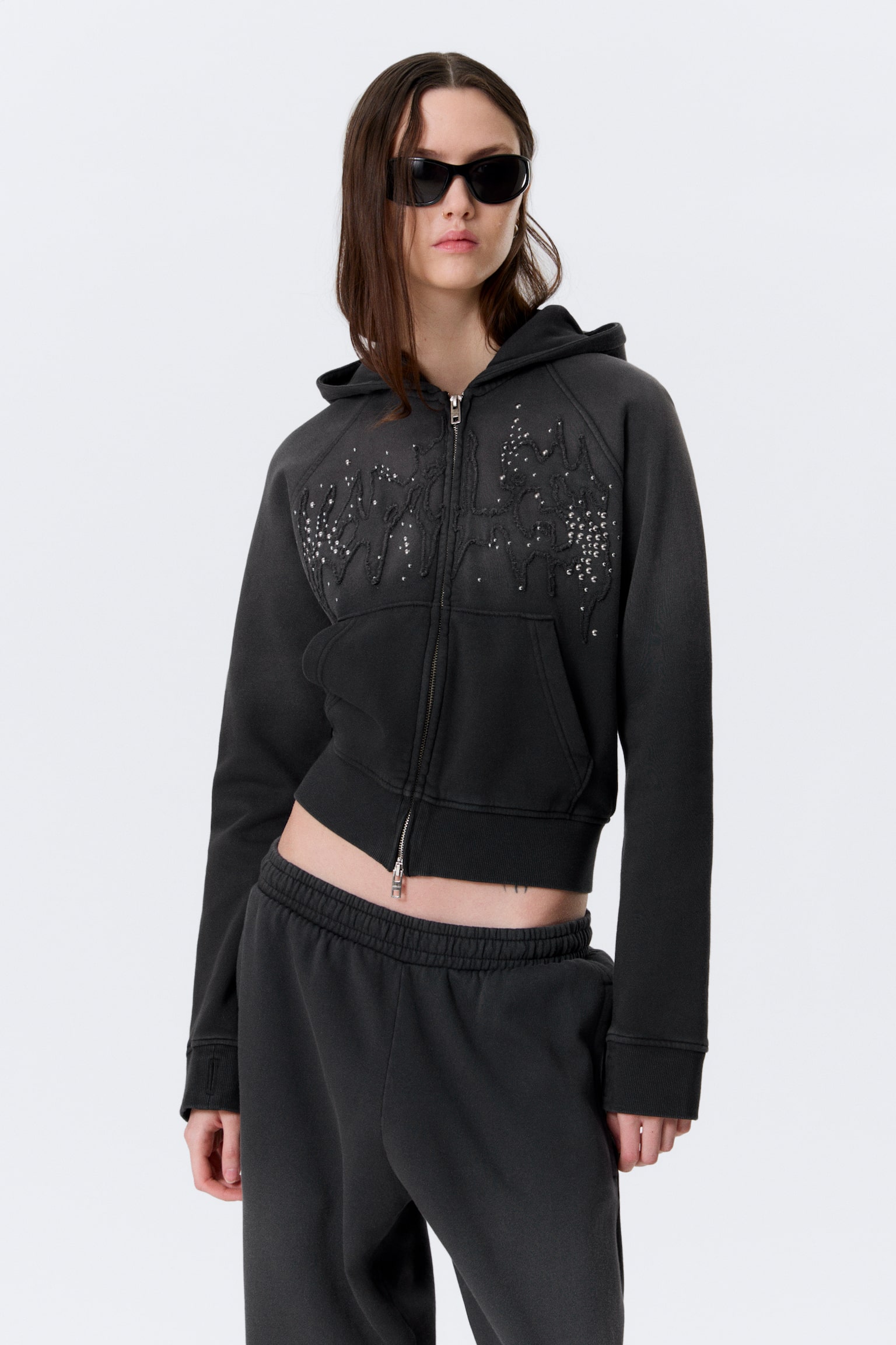 Slim hoodie met rits en studs en grafische print - Gewassen zwart met studs - 1