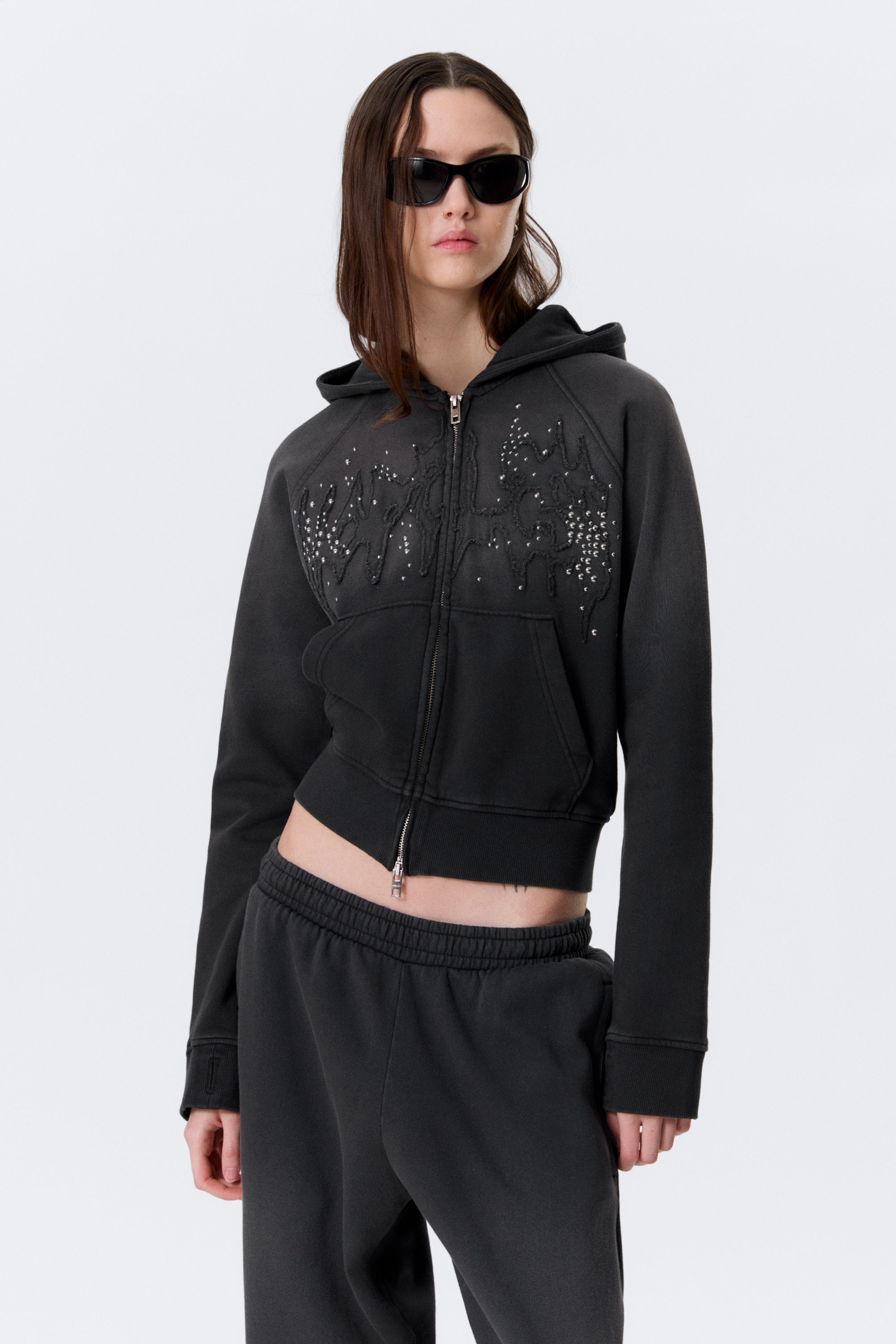 Washed Studded Black - Slim Studded Graphic Zip Hoodie - 1