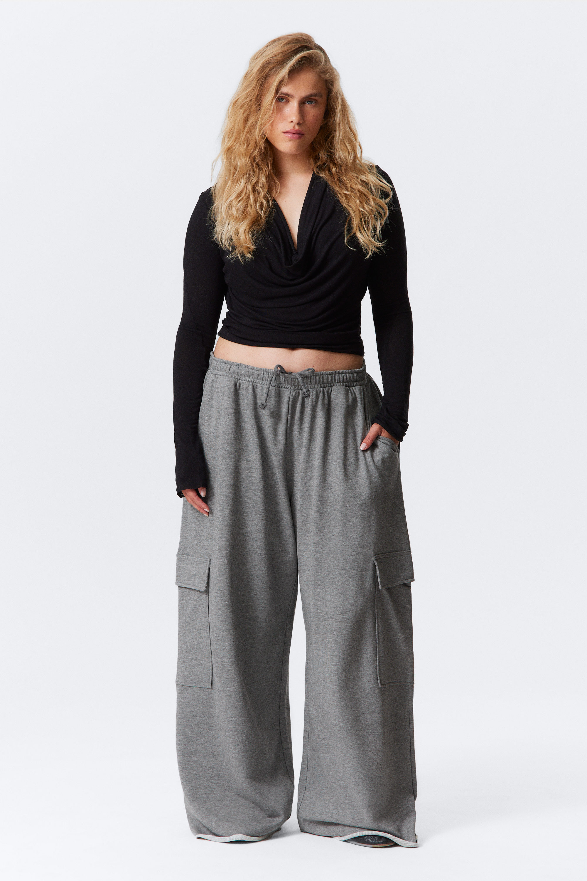 Grey Melange - Baggy Cargo Sweatpants - 1