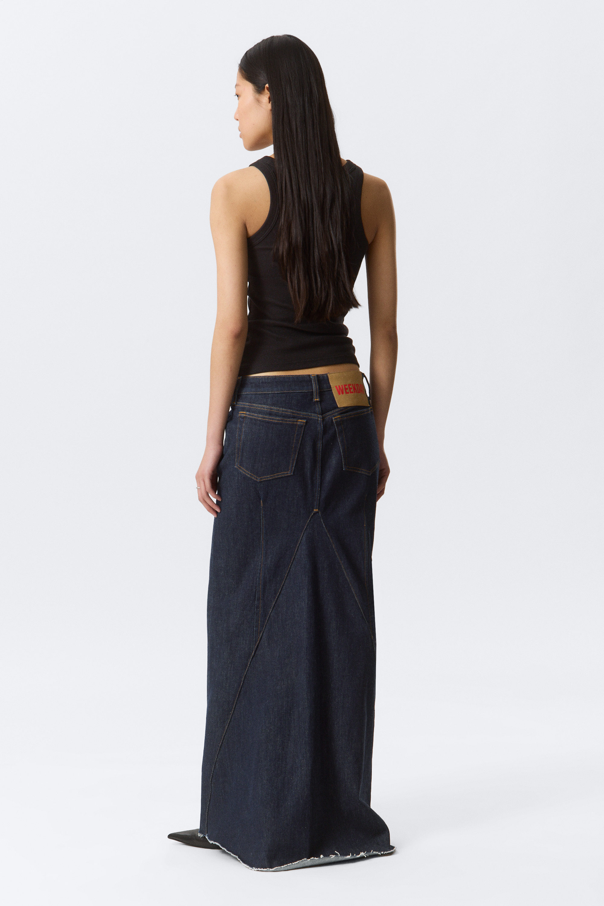 Blue Rinse - Dark Blue - Mid Rise Fitted Denim Maxi Skirt - 3