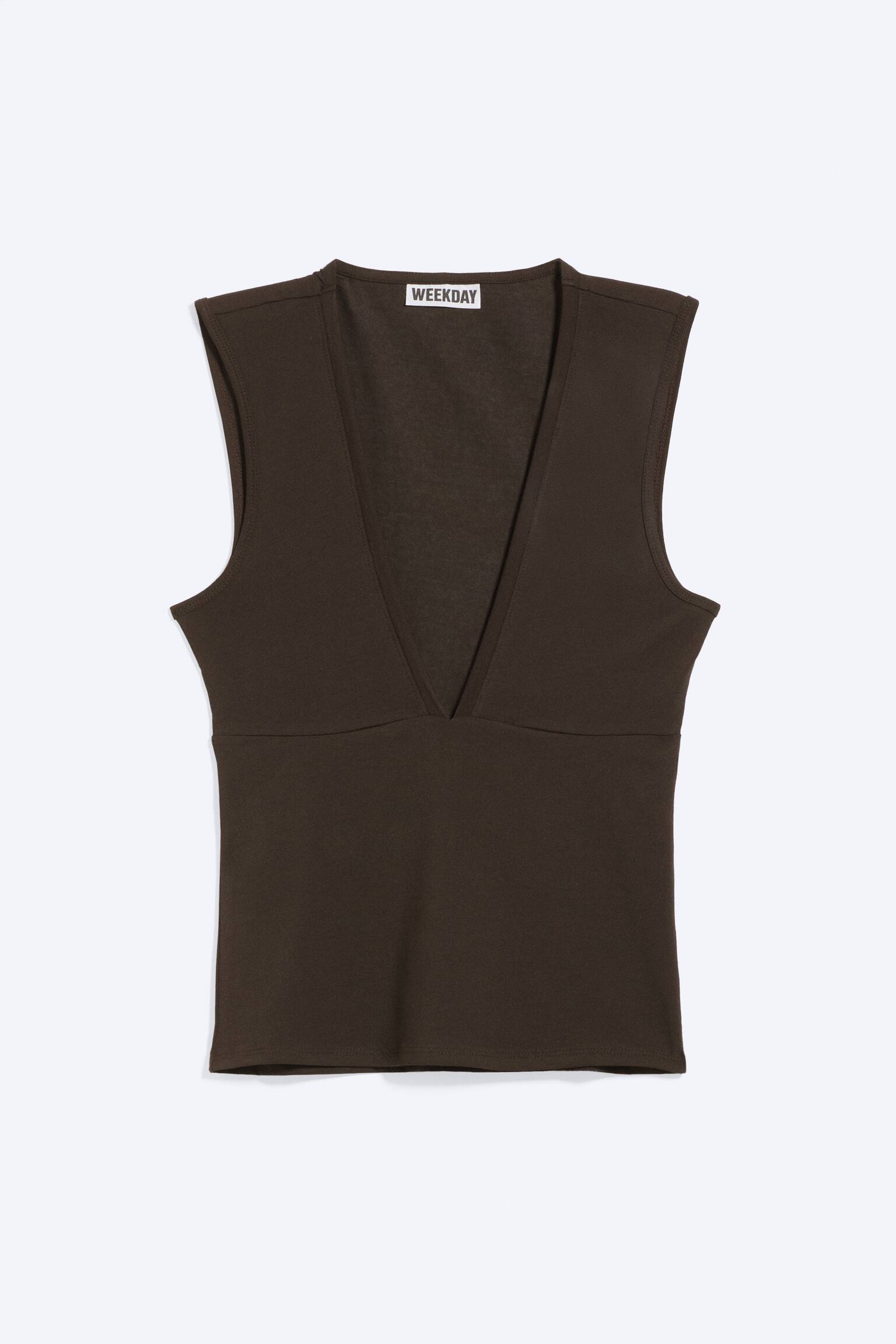 Fitted V-Neck Sleeveless Top - Dark Brown/Black/Light Grey Melange - 2