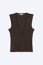 Mörkbrun - Figurnära V-ringad ärmlös topp - 4