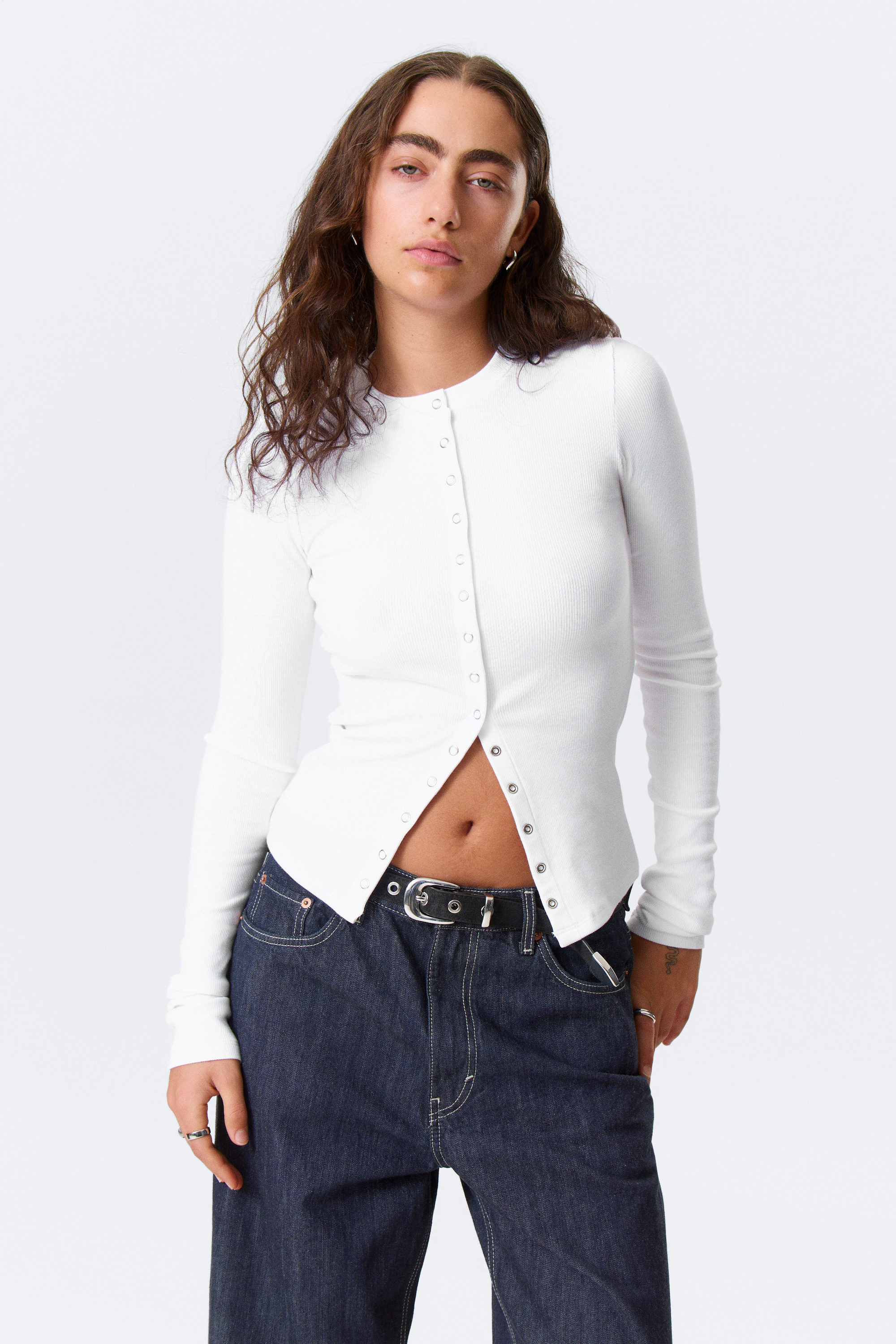 White - Ribbed Long-Sleeved Cardigan - 1