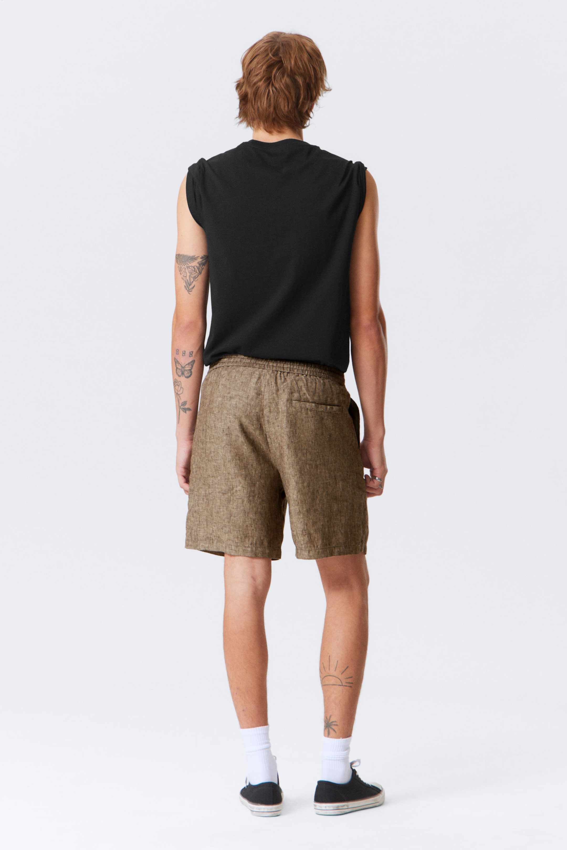 Dark Brown Melange - Relaxed Linen Drawstring Shorts - 2