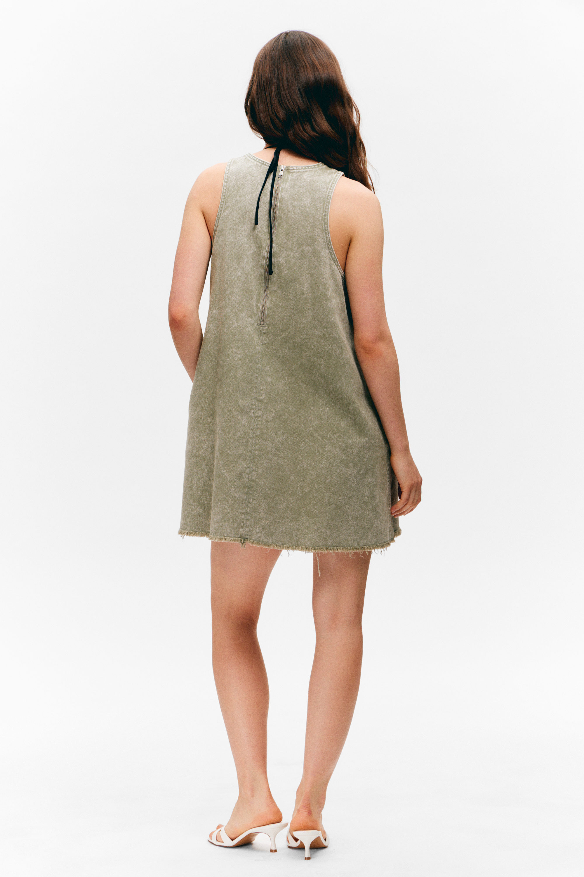 Washed Kahki Green - Sleeveless Cotton Twill Mini Dress - 3
