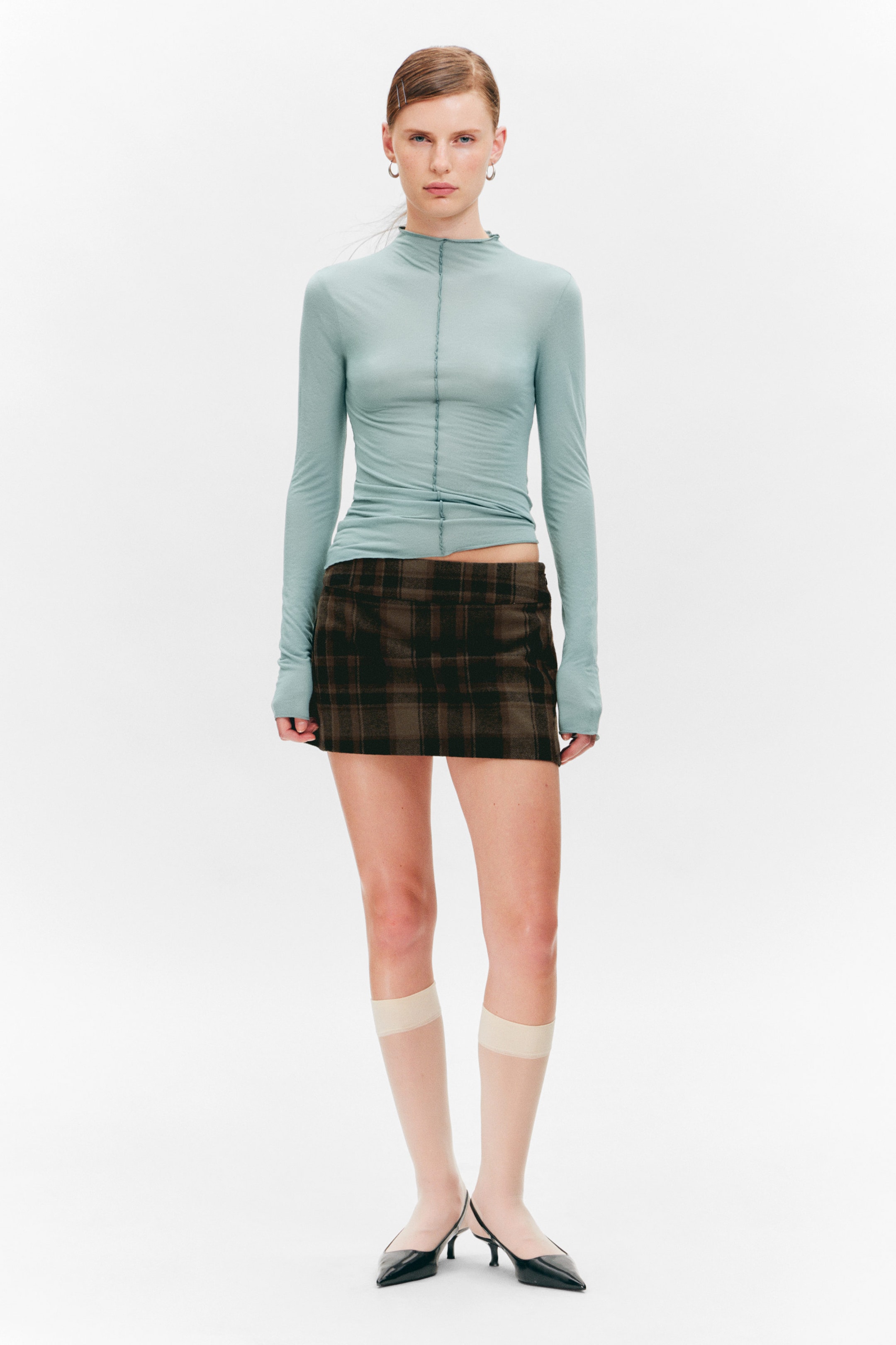 Turquoise - Slim Fit Long-Sleeved Mock-Neck Top - 1