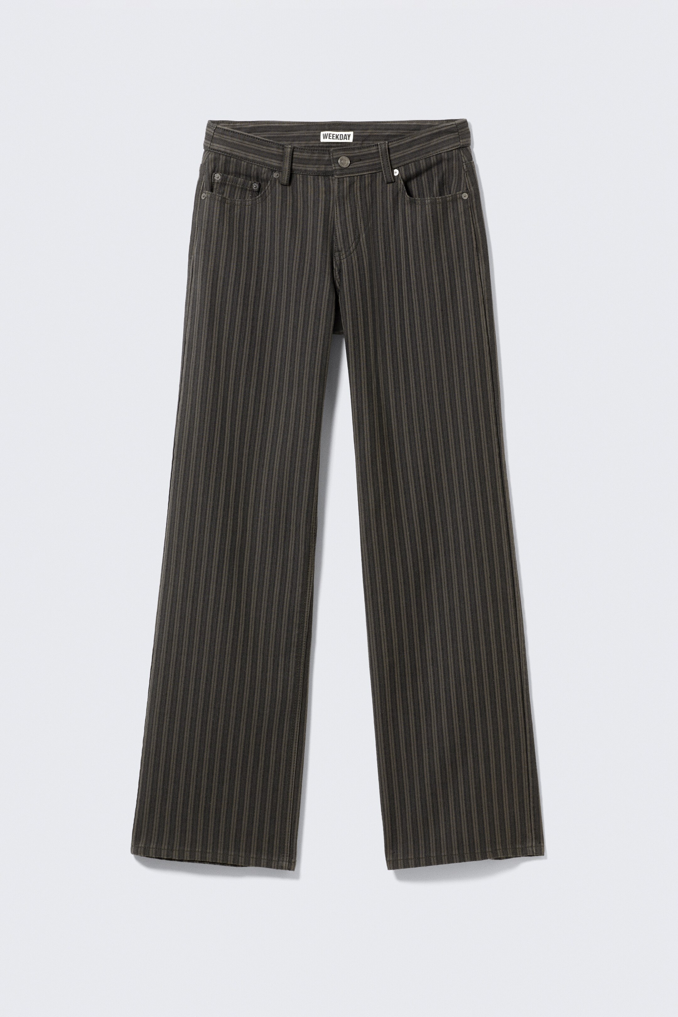 View larger image: A pair of low-waisted trousers is displaying FRONT, featuring a loose fit and full-length legs. They are designed with a subtle pinstripe pattern in dark grey tones, a classic five-pocket style, and a zip fly.