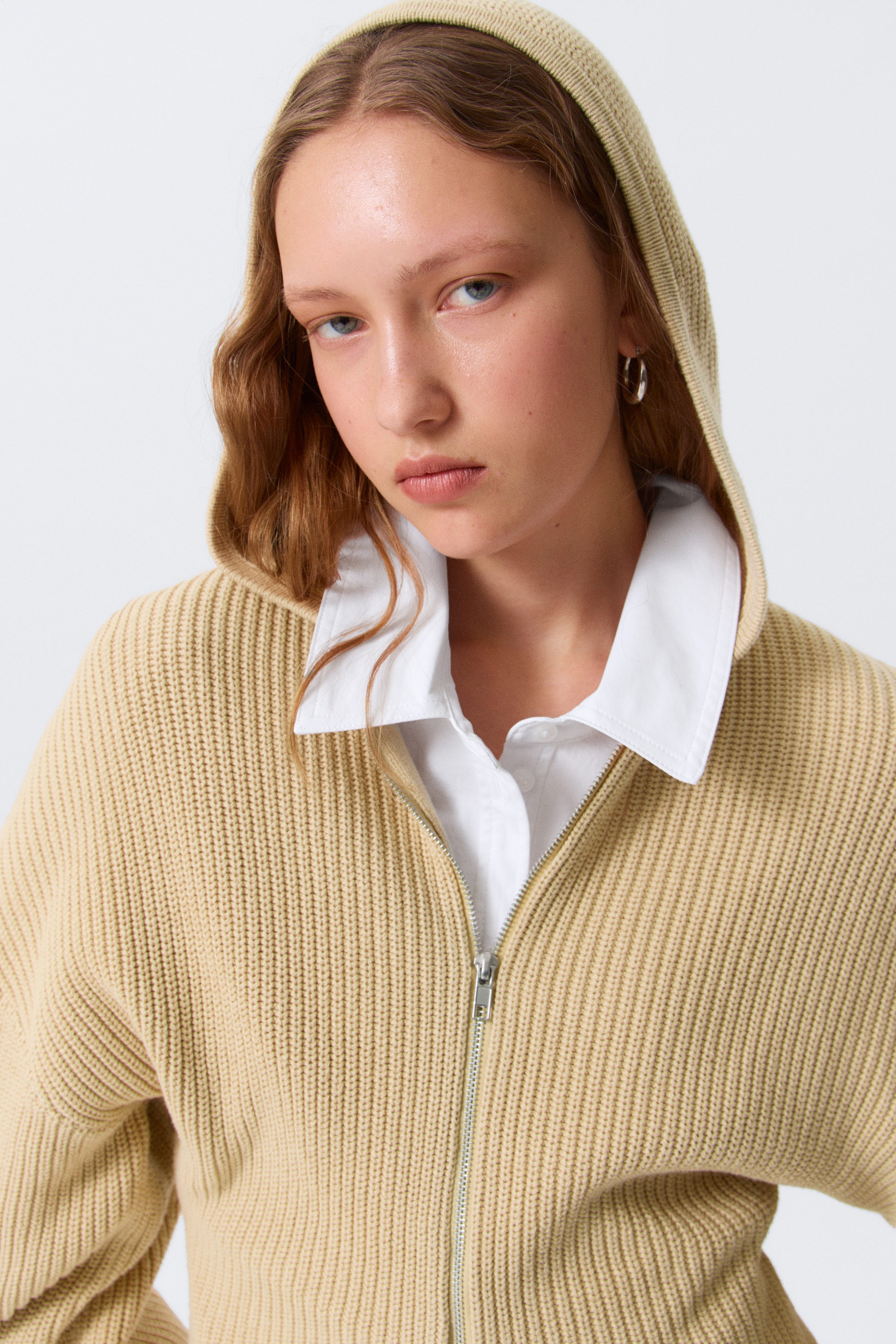 Beige - Long Knitted Zip Hoodie - 2