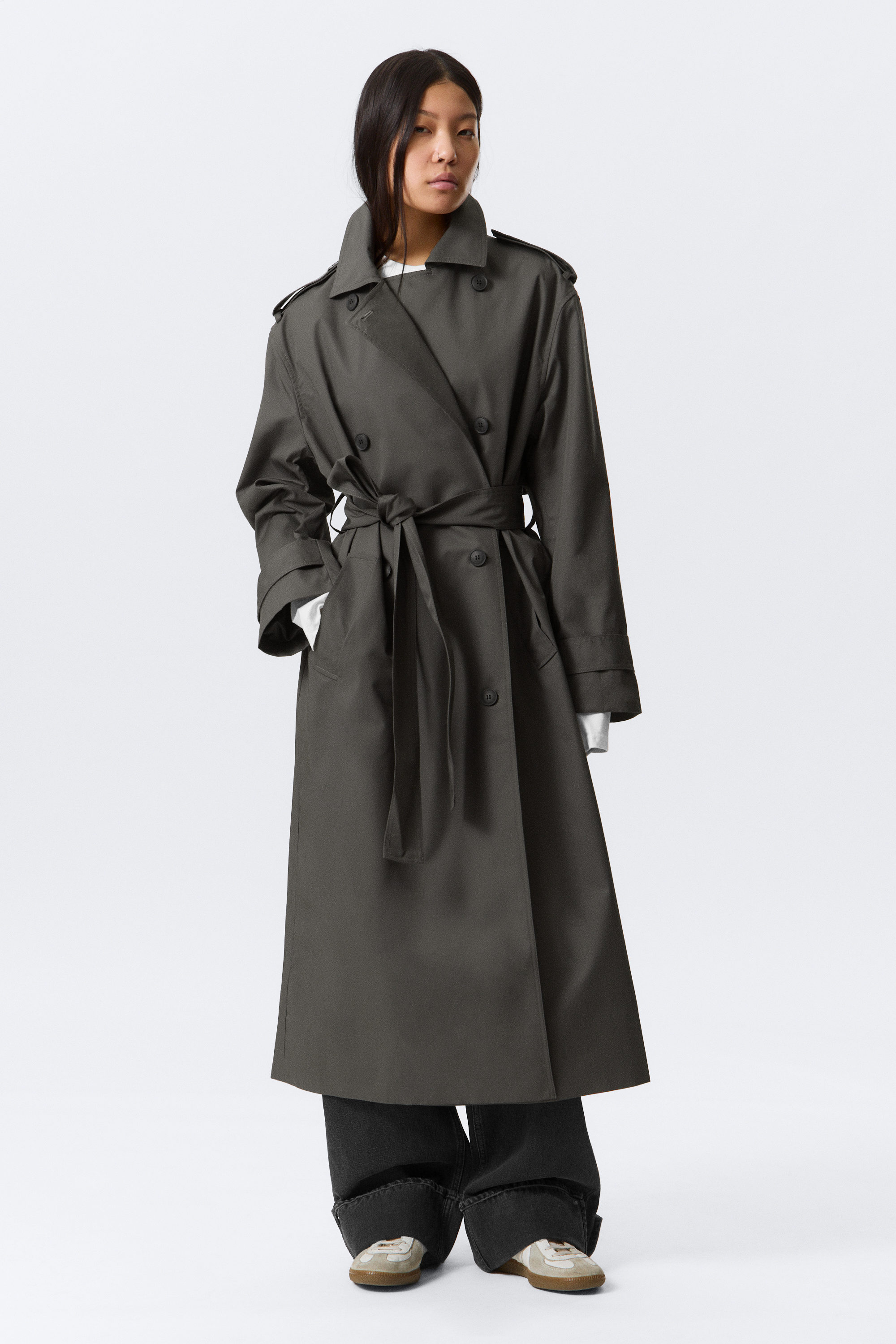 Dark Grey - Oversized Double-Breasted Canvas Trench Coat - 2