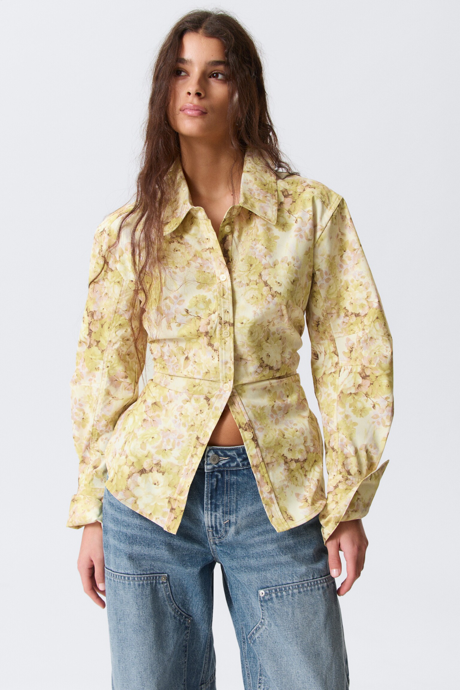 Fitted Ruched Waist Shirt - Yellow Floral Print/White - 3