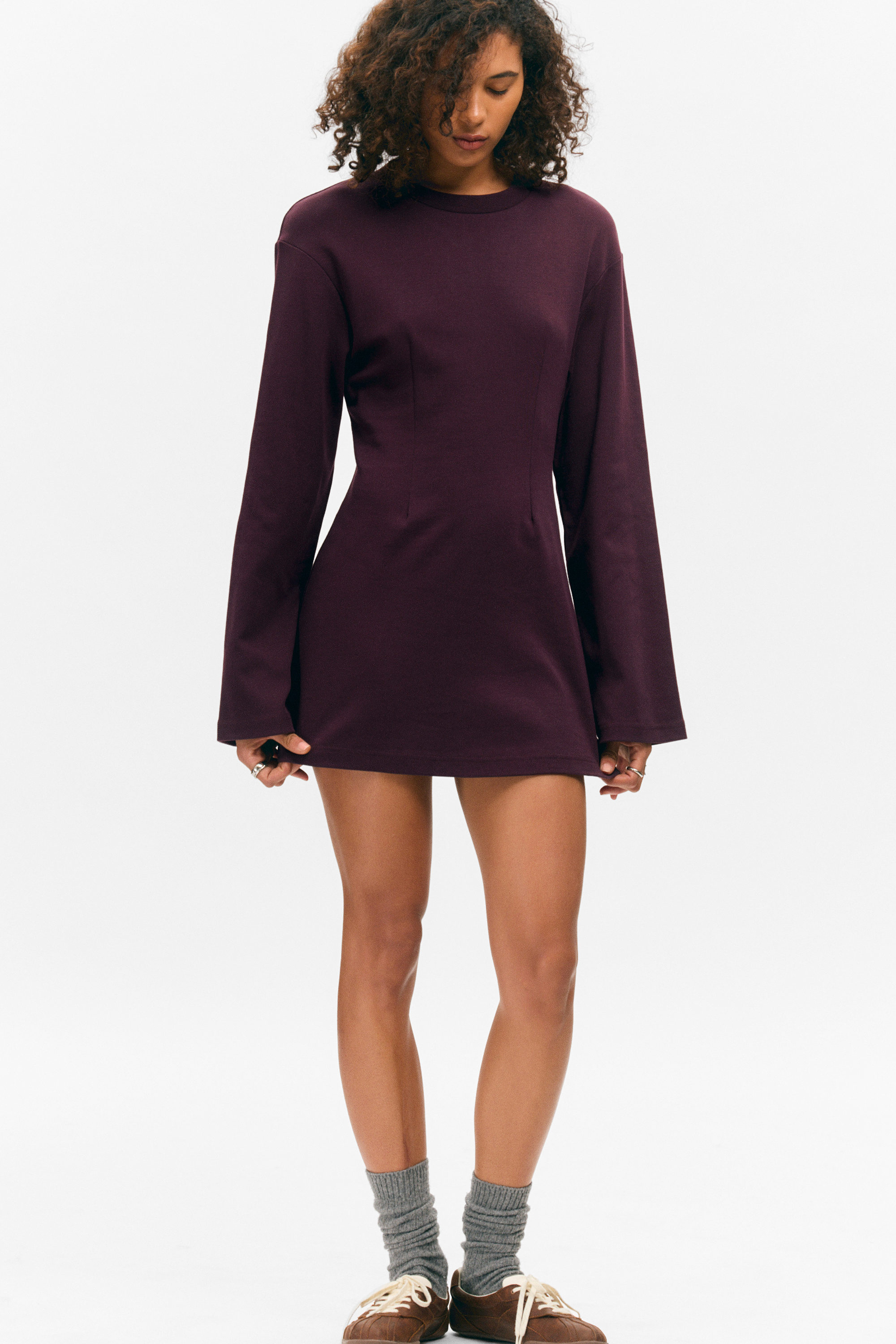 Dark Plum - Long-Sleeved Cotton Mini Dress - 1