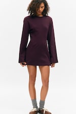 Dark Plum - Long-Sleeved Cotton Mini Dress - 0